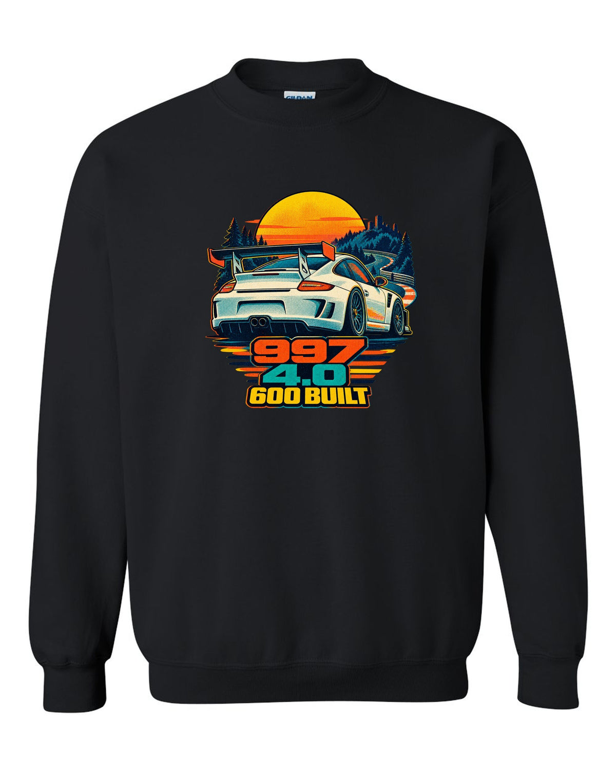 Misregistered risograph print of a Porsche 911 GT3 RS 4.0 997 at sunrise black crewneck front view with the design