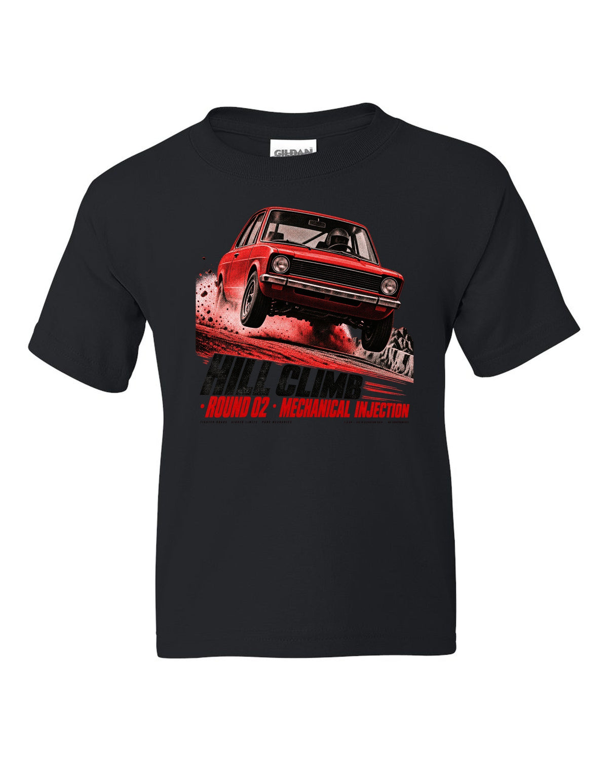 BMW 2002 tii hill climb race poster print with mechanical injection text black kids tee front view with the design