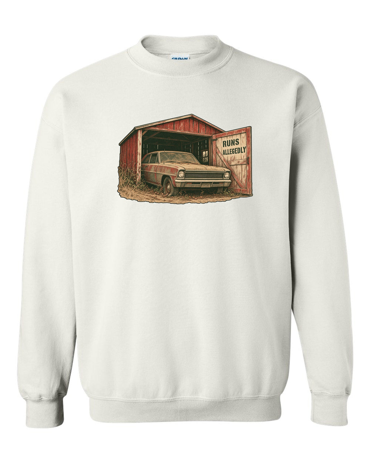 1966 Chevy II Nova in a grainy two-colour risograph barn find design with the text Runs Allegedly white crewneck front view with the design
