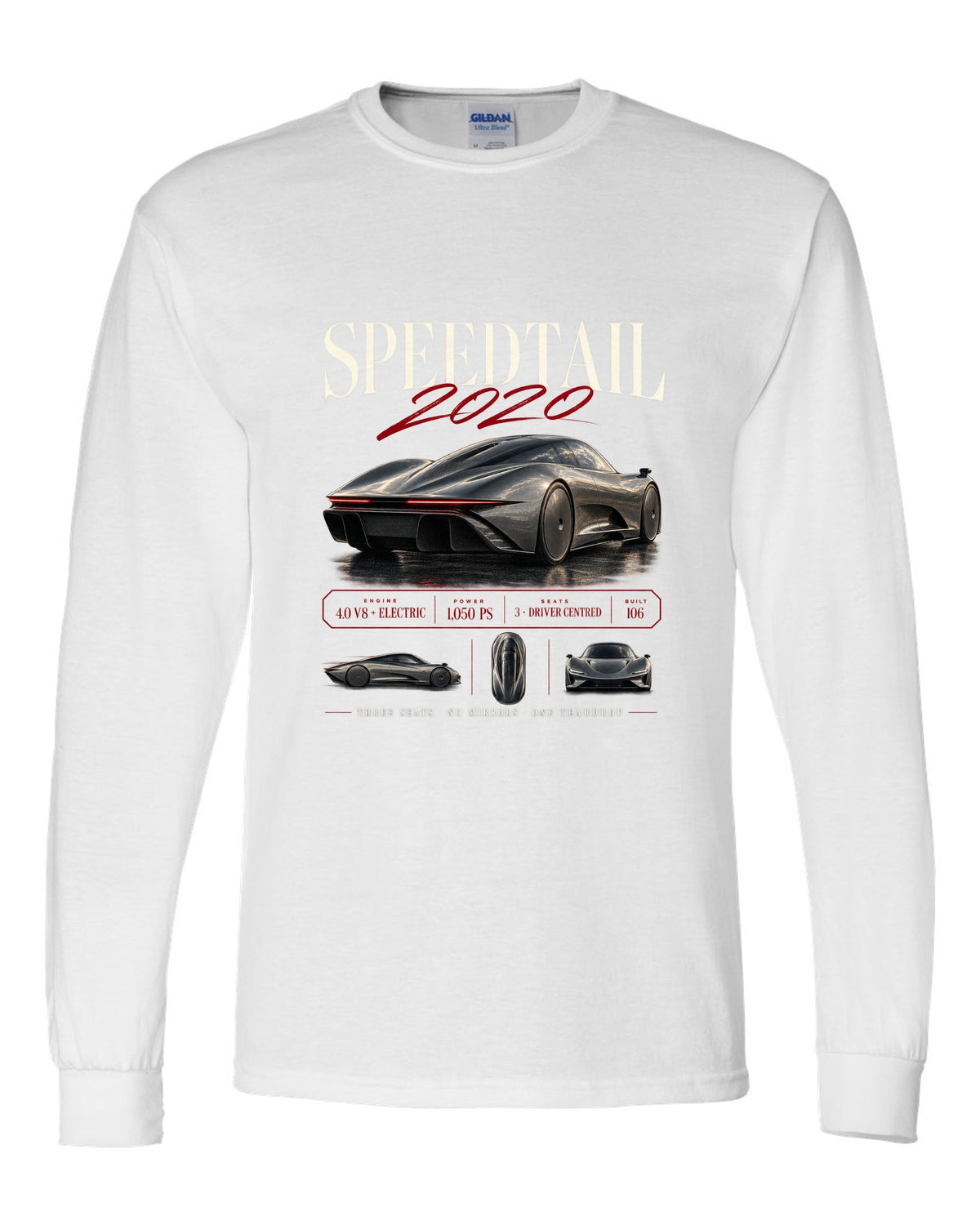 Archive panel print of a 2020 McLaren Speedtail with three seats and no mirrors text white long sleeve front view with the design