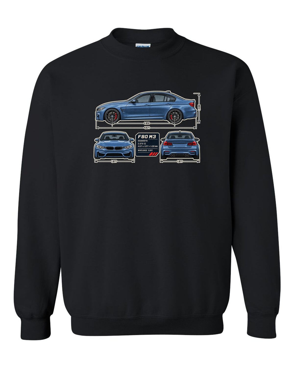 BMW M3 F80 dimension blueprint print with measurements black crewneck front view with the design