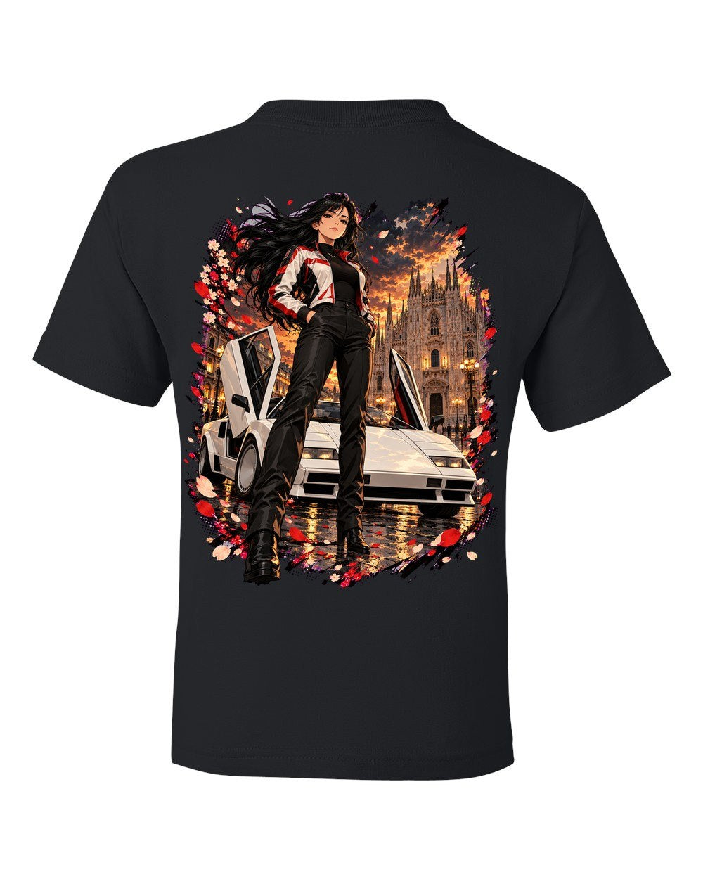 Lamborghini Countach Anime Girl Kids Tee Black back