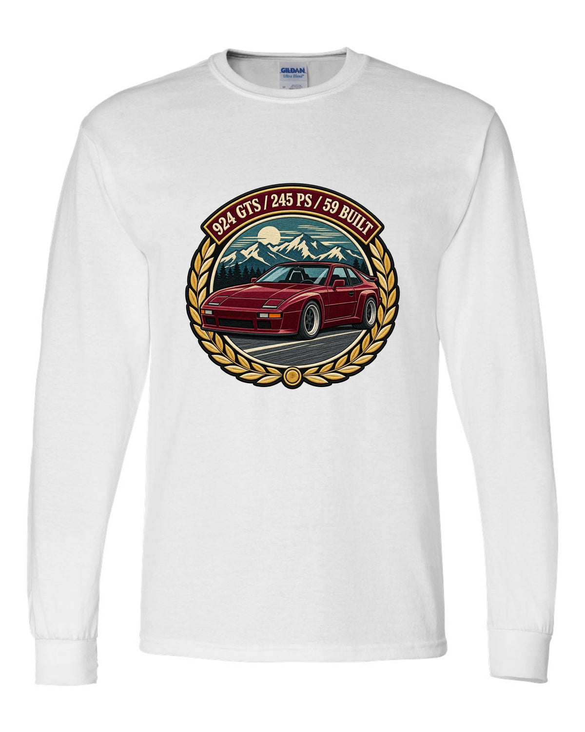Embroidery-style racing crest for the Porsche 924 GTS with 245 PS and 59 built lettering white long sleeve front view with the design