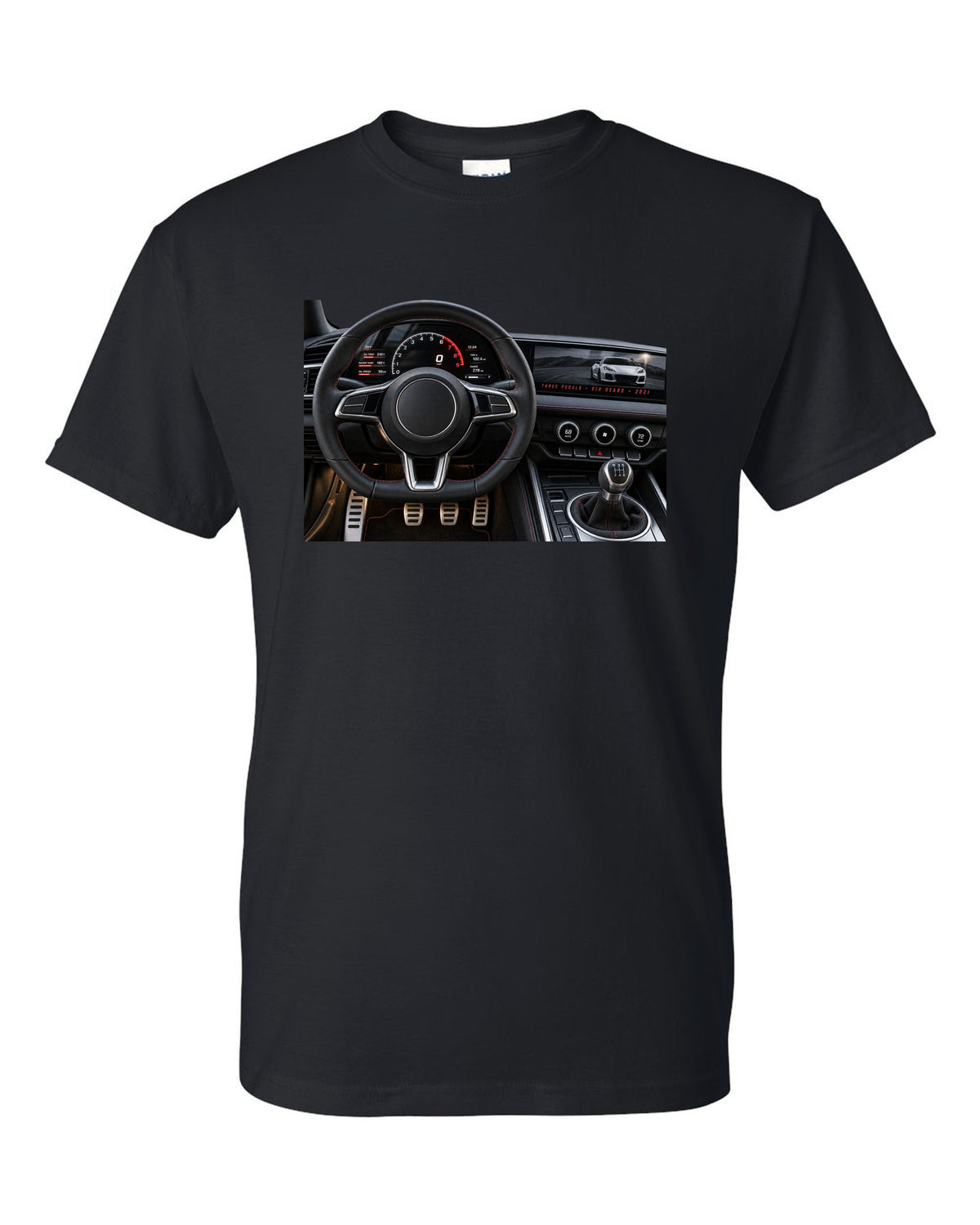 BMW G80 M3 cockpit gauge print with three pedals six gears lettering black t-shirt front view with the design