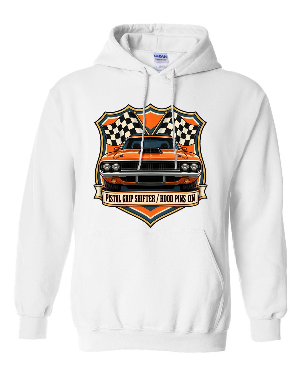 Shield crest design for a 1970 Dodge Challenger R/T E-body with pistol grip shifter caption white pull over hoodie front view with the design