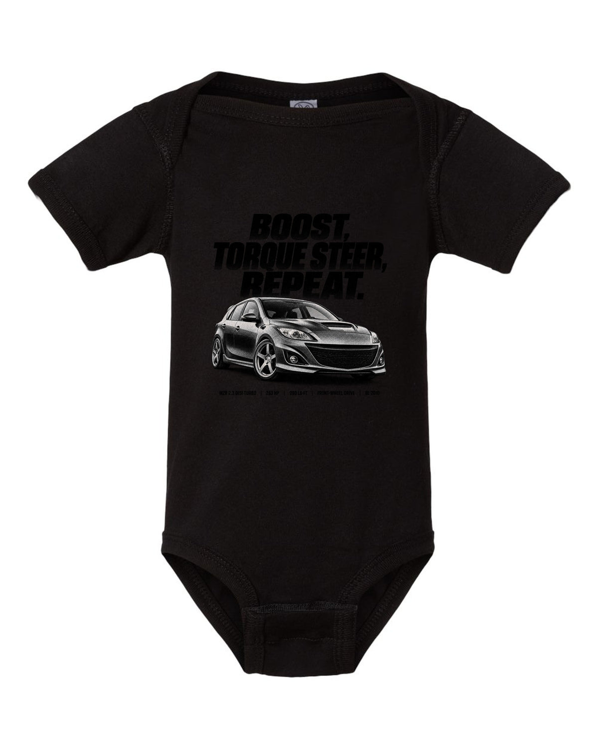 Halftone print for the 2010 Mazdaspeed3 BL reading boost, torque steer, repeat with MZR 2.3 DISI specs black baby onesie front view with the design