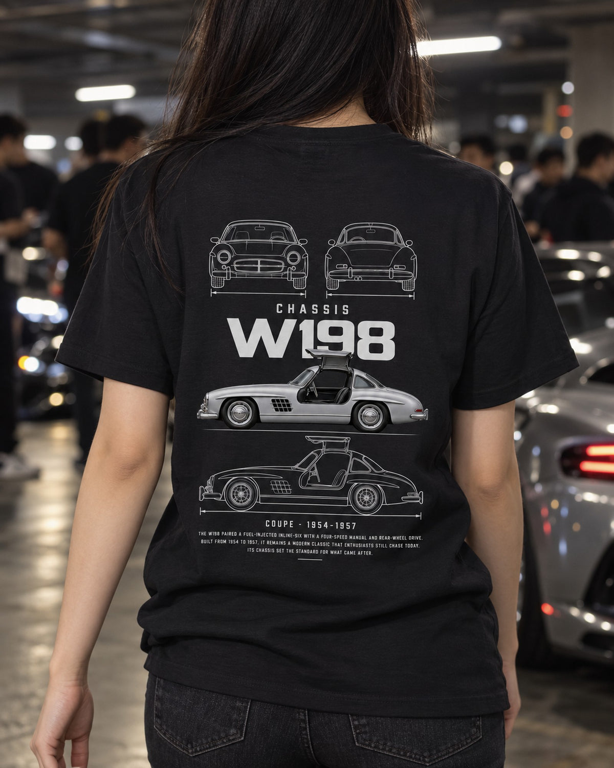 Mercedes 300 SL gullwing coupe Blueprint Full-Back Graphic Tee, W198 Chassis Code T-Shirt Black worn hero