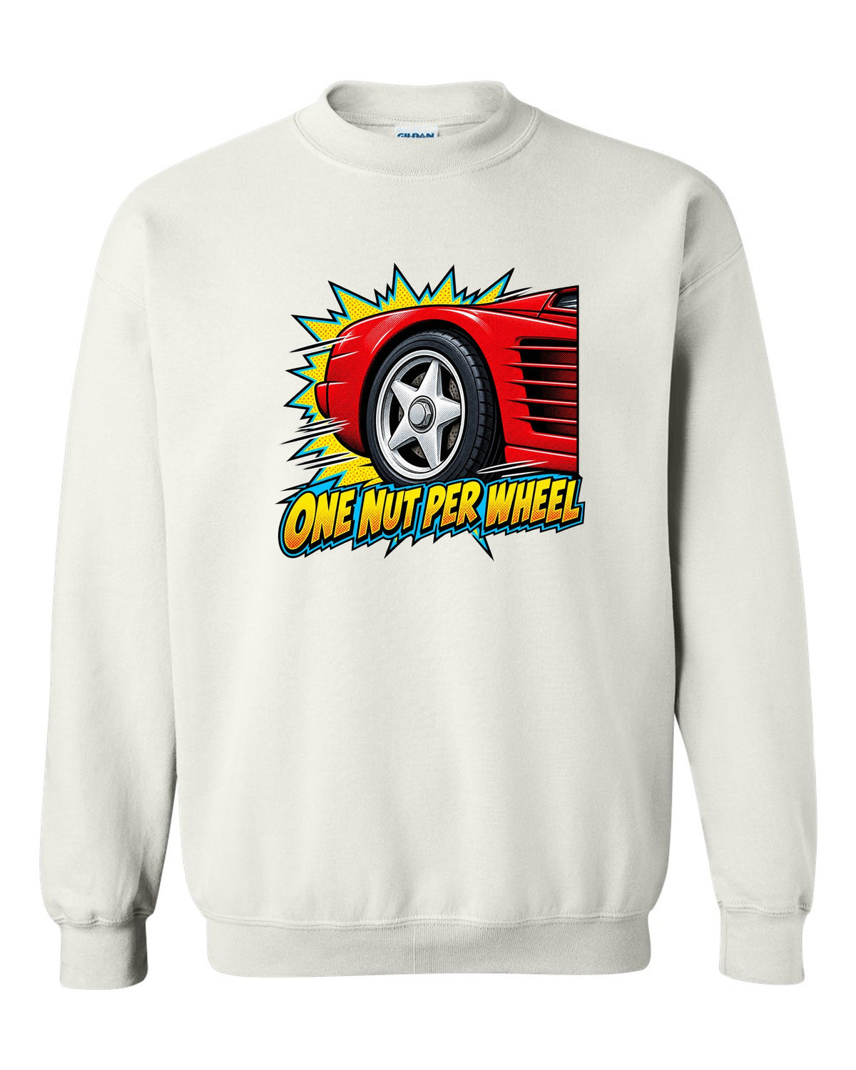 Comic halftone pop art of a Ferrari Testarossa five-star wheel white crewneck front view with the design