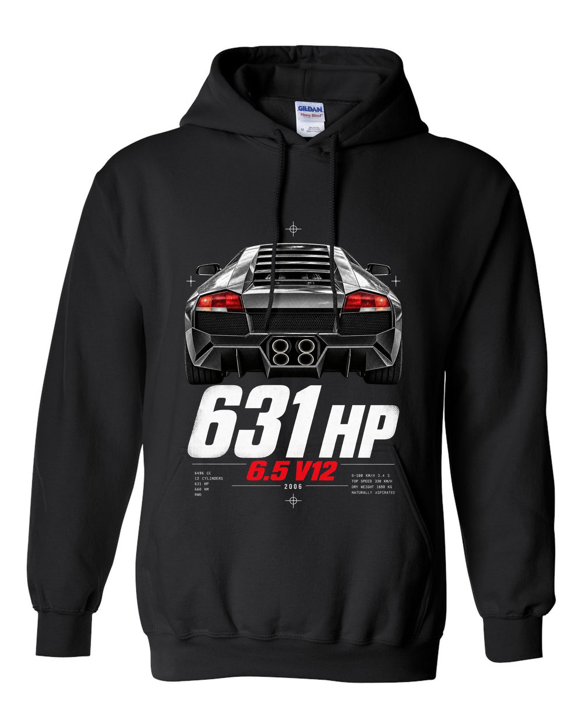 Taillight macro print of a Lamborghini Murcielago LP640 with 631 HP and 6.5 V12 text black pull over hoodie front view with the design