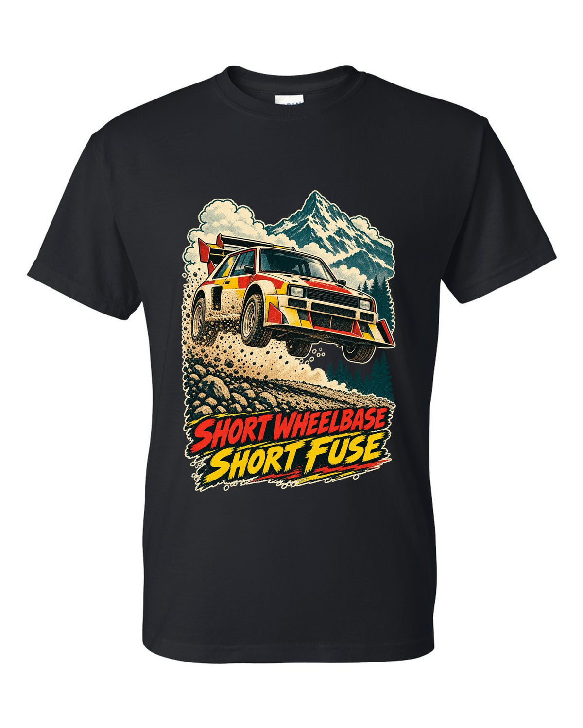 Vintage race-poster lithograph print of a 1985 Audi Sport Quattro S1 E2 with Short Fuse lettering black t-shirt front view with the design