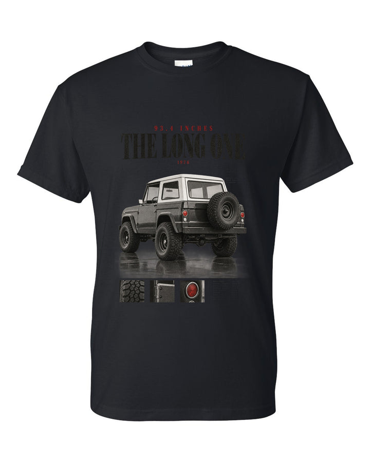 Editorial headline print for the Jeep CJ-7, 93.4 Inches The Long One black t-shirt front view with the design