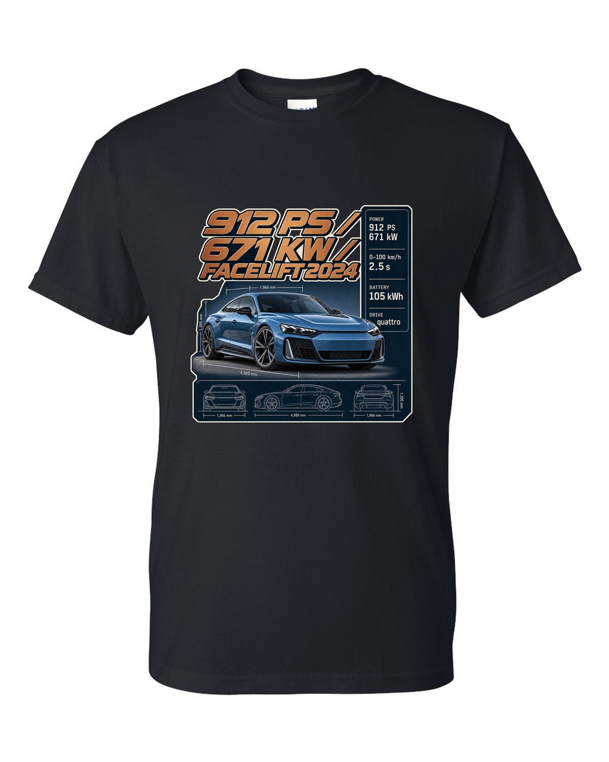 Audi RS e-tron GT performance facelift spec poster print design black t-shirt front view with the design