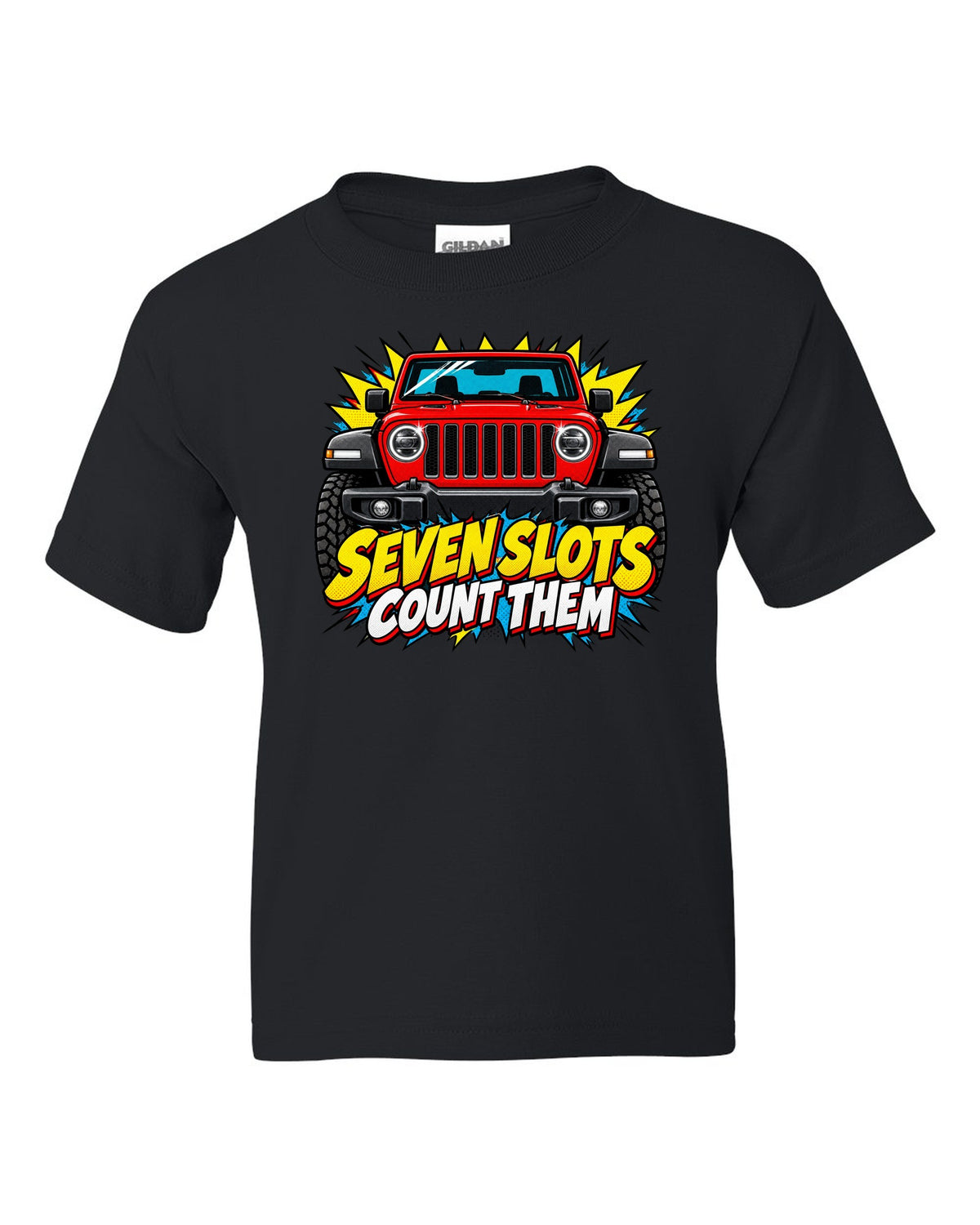 Comic halftone pop-art print of a Jeep Wrangler JL with seven slots text black kids tee front view with the design