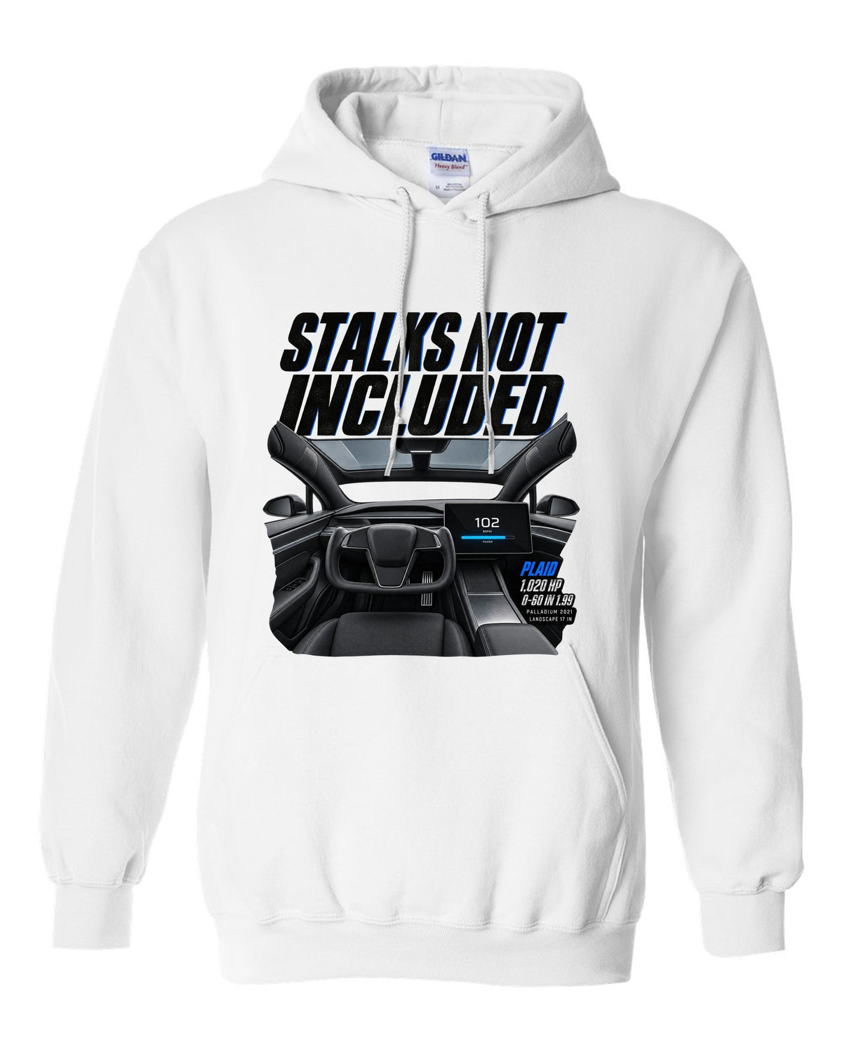 Cockpit print of a 2021 Tesla Model S Plaid Palladium with yoke and landscape screen white pull over hoodie front view with the design