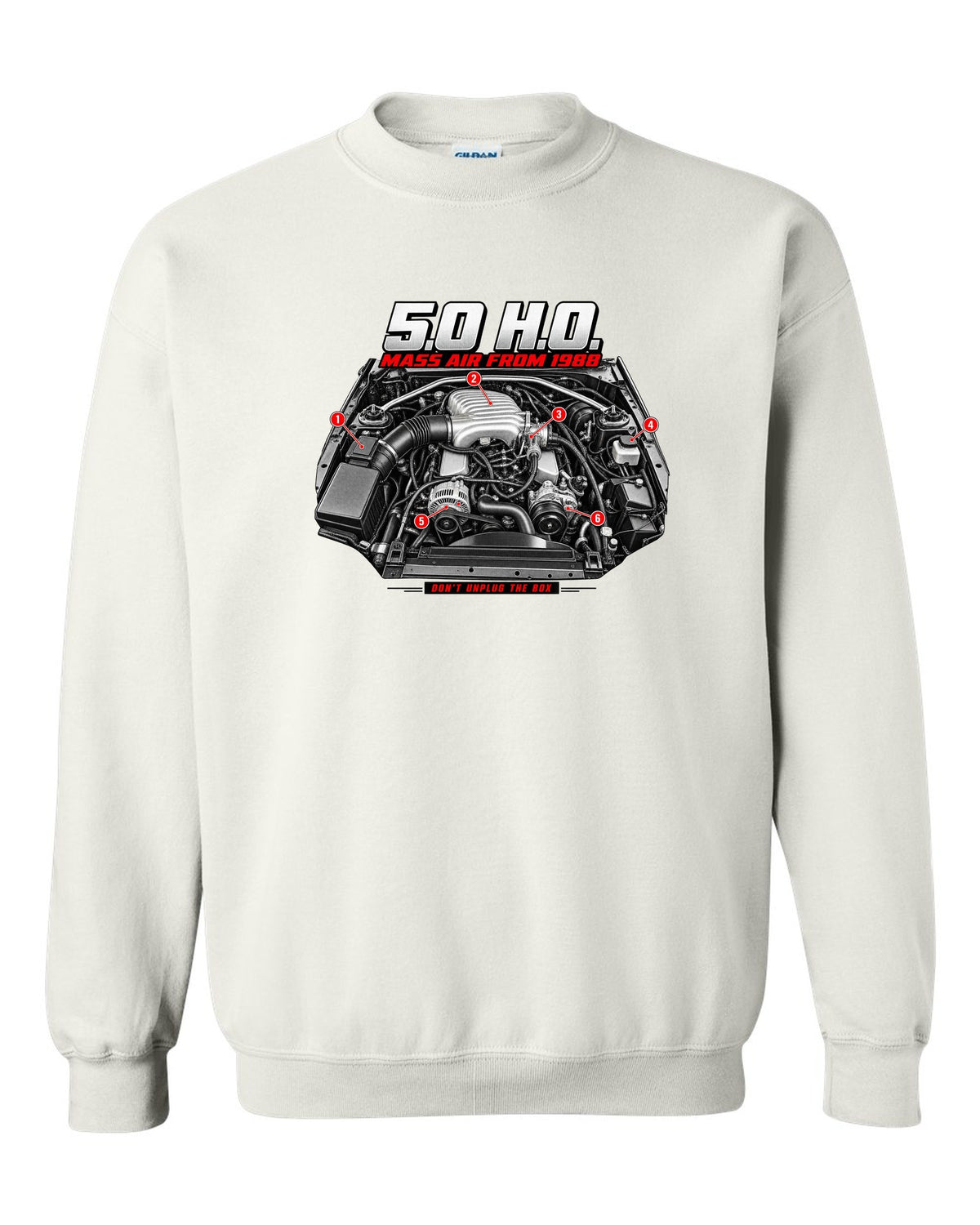 print of a 1989 Ford Mustang Fox Body 5.0 H.O. engine bay white crewneck front view with the design