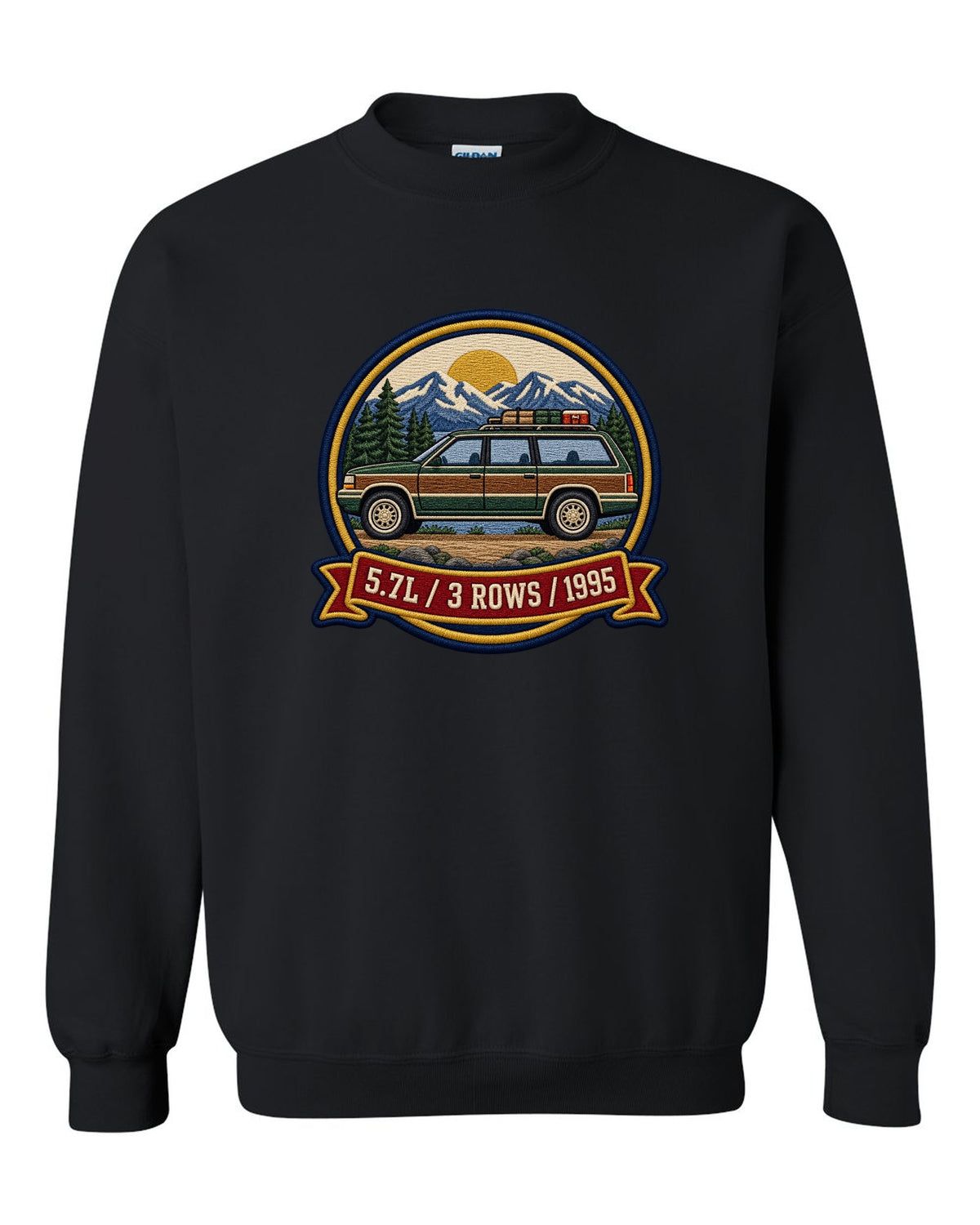 Varsity round crest print for a 1992-1999 Chevrolet Suburban GMT400 with 5.7L, 3 Rows, 1995 text black crewneck front view with the design