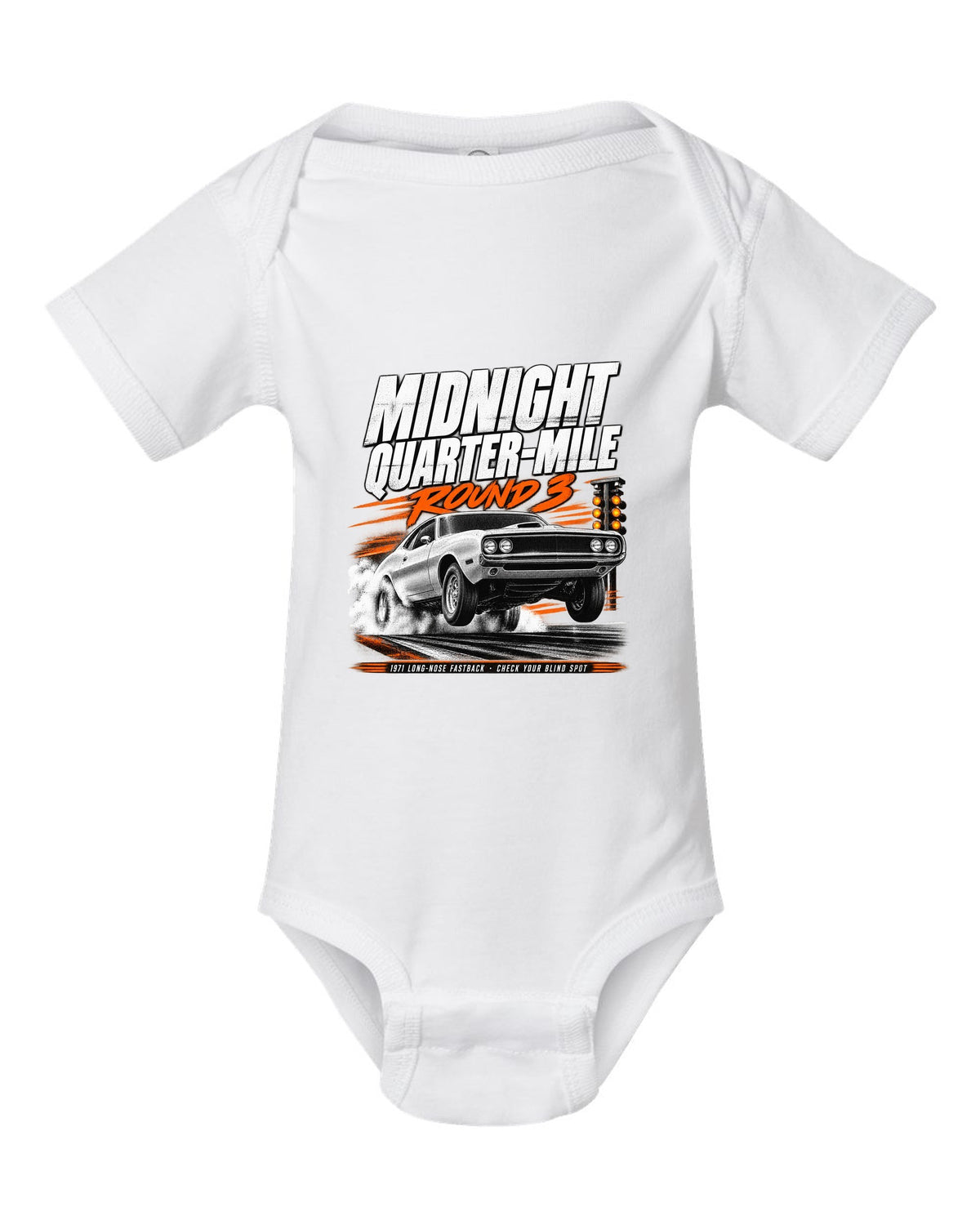 Race poster illustration of a 1971 Ford Mustang long-nose fastback titled midnight quarter-mile white baby onesie front view with the design