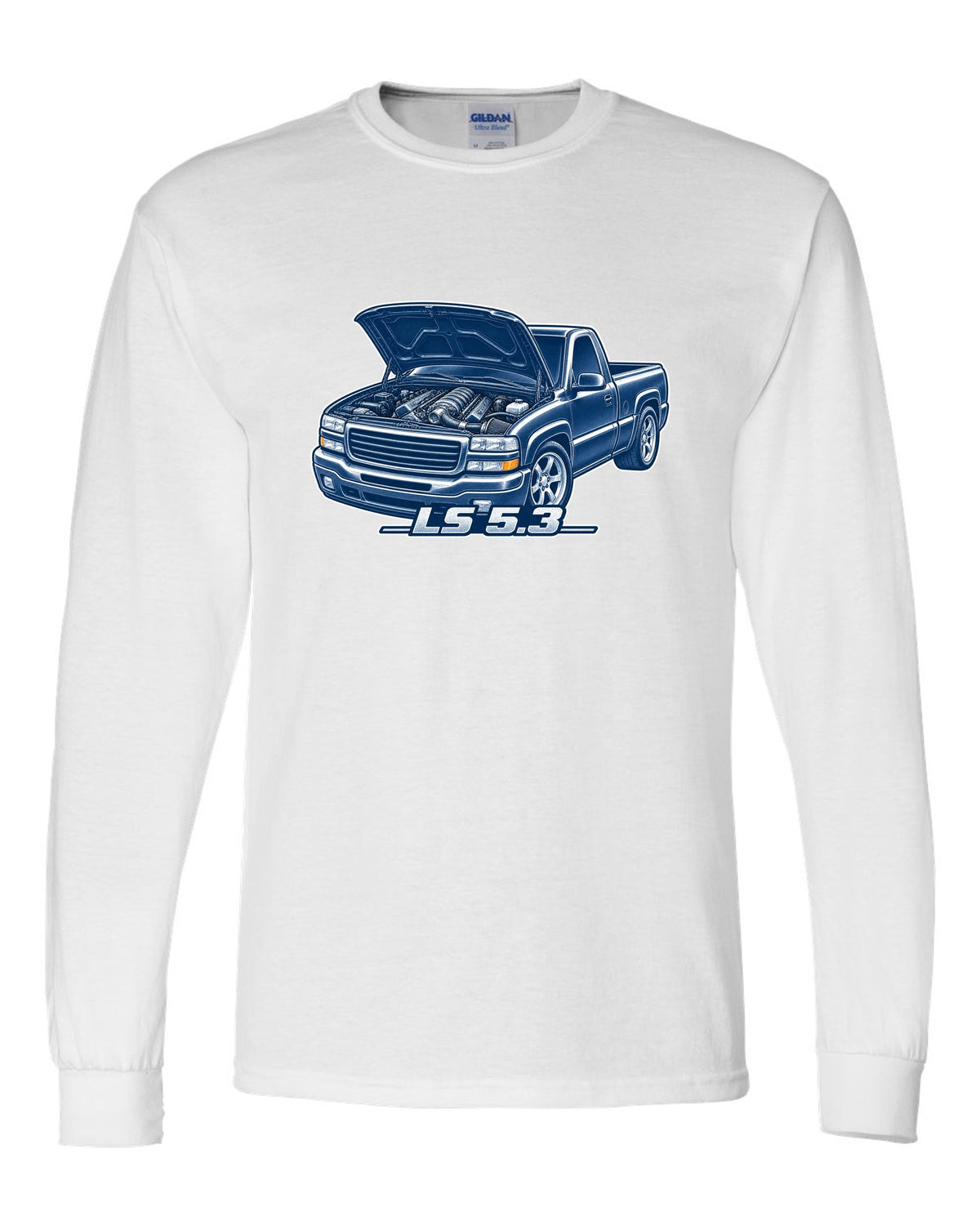 Cyanotype negative blueprint print of a 1999-2006 Chevrolet GMT800 NBS Silverado with LS 5.3 text white long sleeve front view with the design