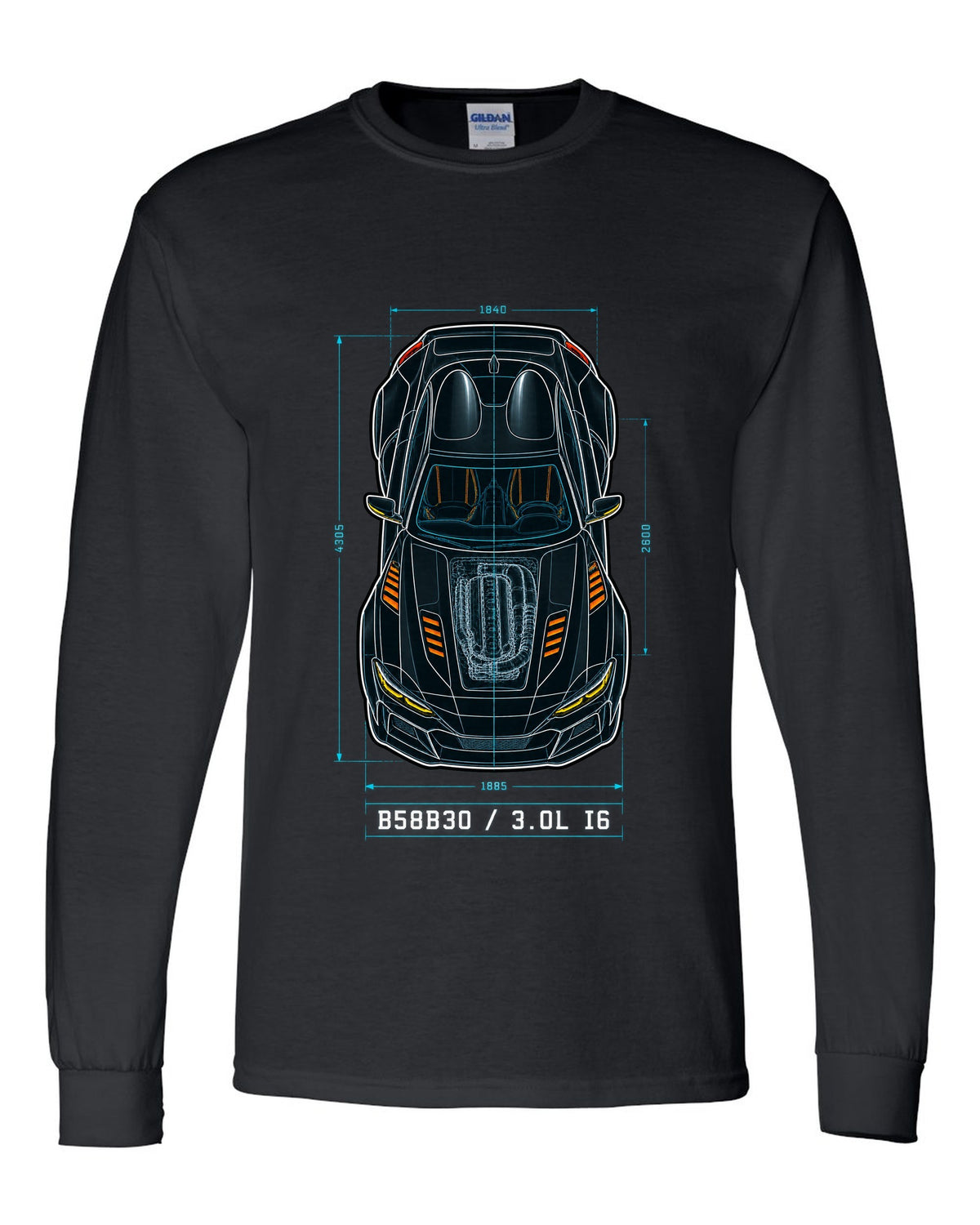 Patent-style overhead blueprint of the B58B30 3.0L inline-six in the Toyota GR Supra A90 black long sleeve front view with the design