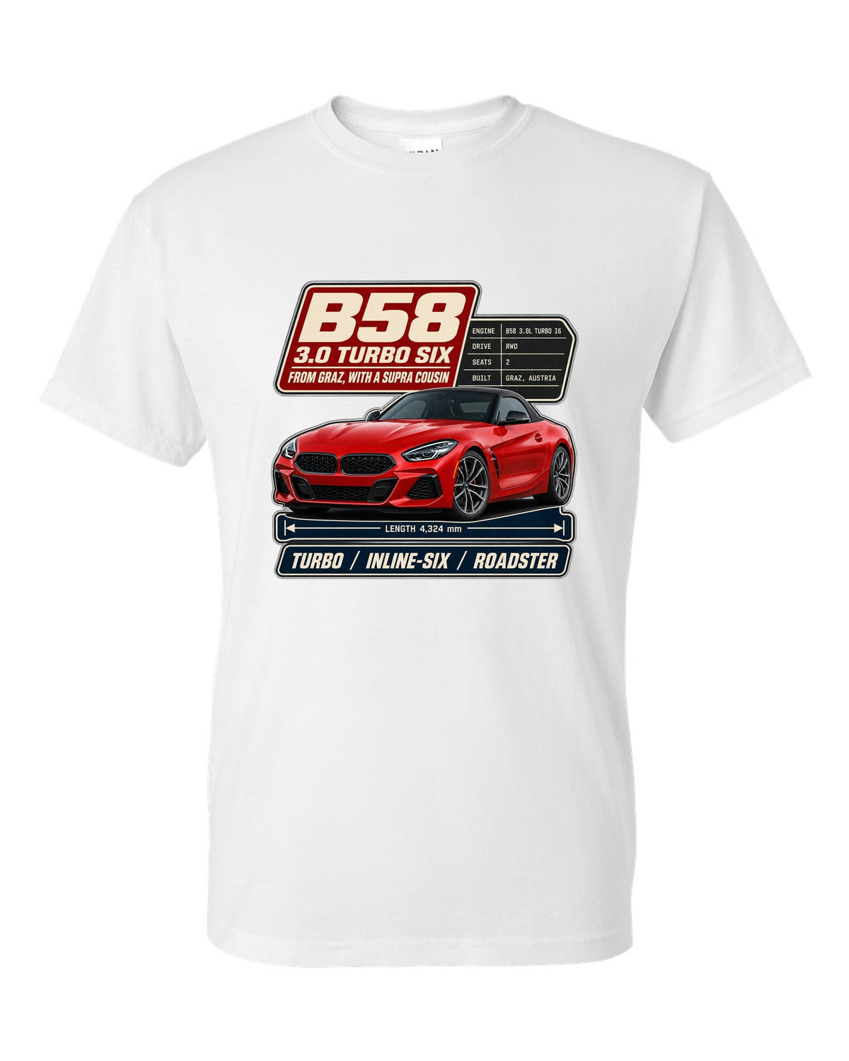 Spec poster print of the BMW Z4 M40i with B58 3.0 turbo six notes white t-shirt front view with the design