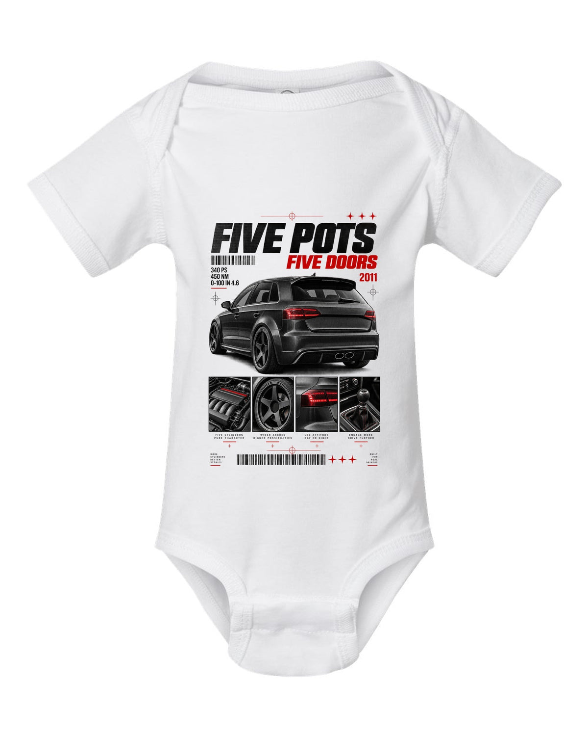Audi RS3 Sportback 8P rear three-quarter in dossier panels with five pots text white baby onesie front view with the design