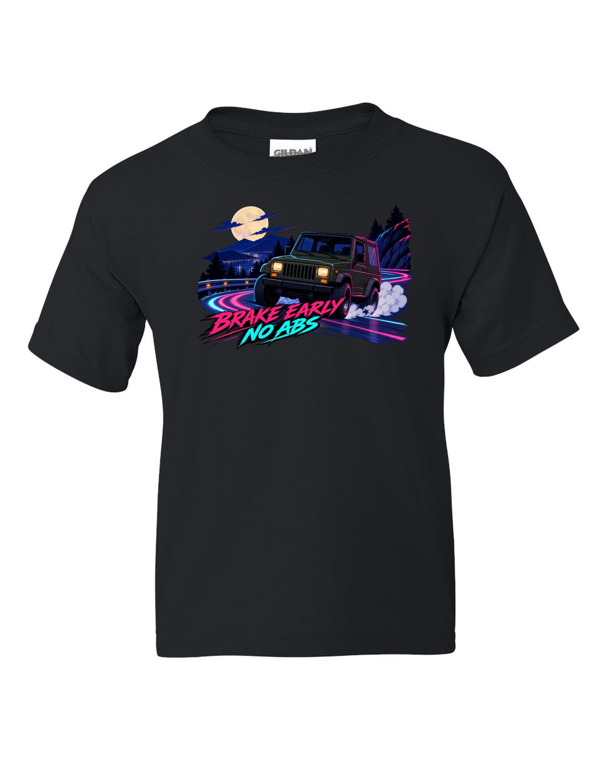 Cel-shaded anime night touge print of a Jeep Wrangler YJ with no ABS text black kids tee front view with the design