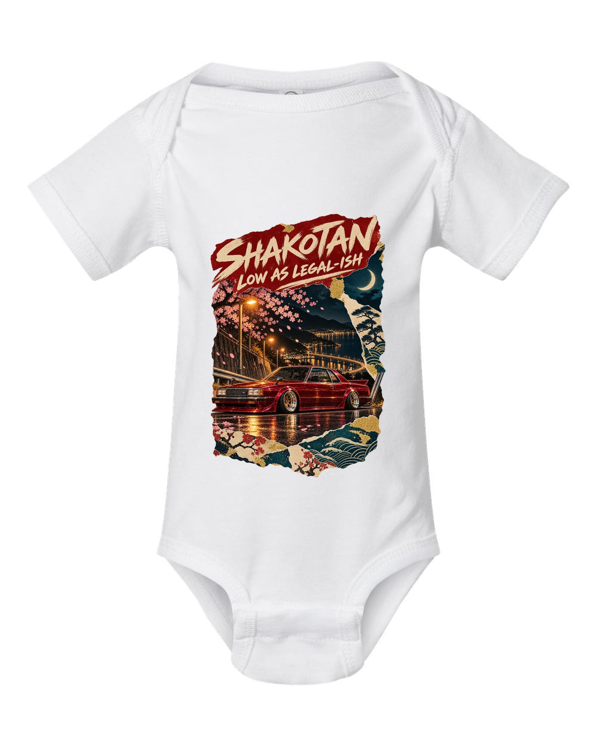 Japanese poster collage of a lowered kaido racer coupe with SHAKOTAN lettering white baby onesie front view with the design