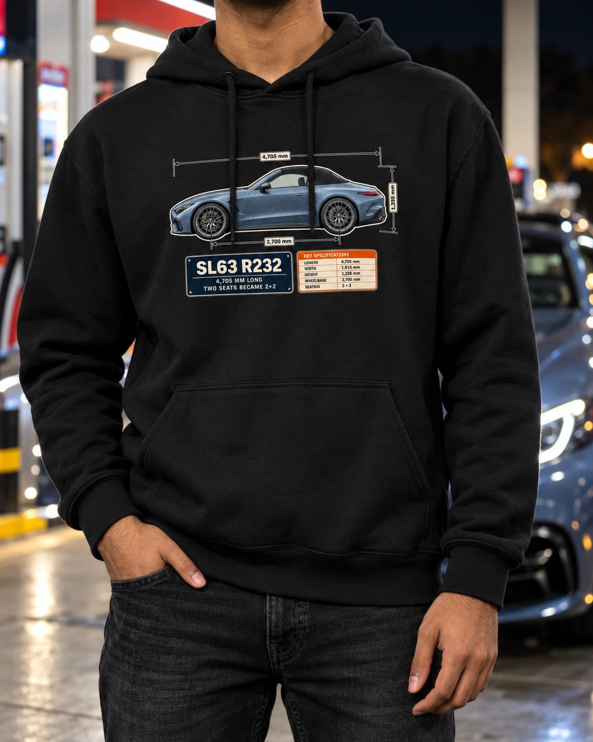 Mercedes-AMG SL63 R232 Dimension Blueprint Shirt, 2+2 Roadster Tee Pull Over Hoodie Black worn hero