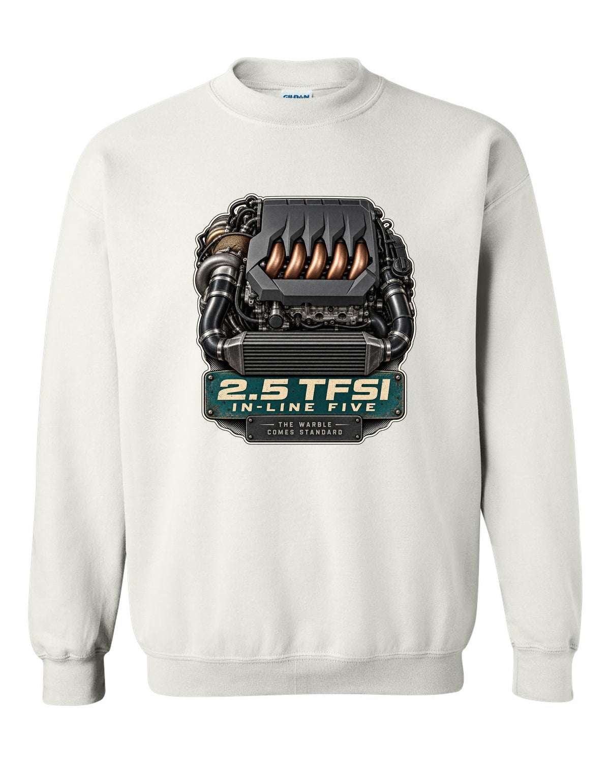 Engine bay print of the Audi RS3 8Y 2.5 TFSI in-line five white crewneck front view with the design