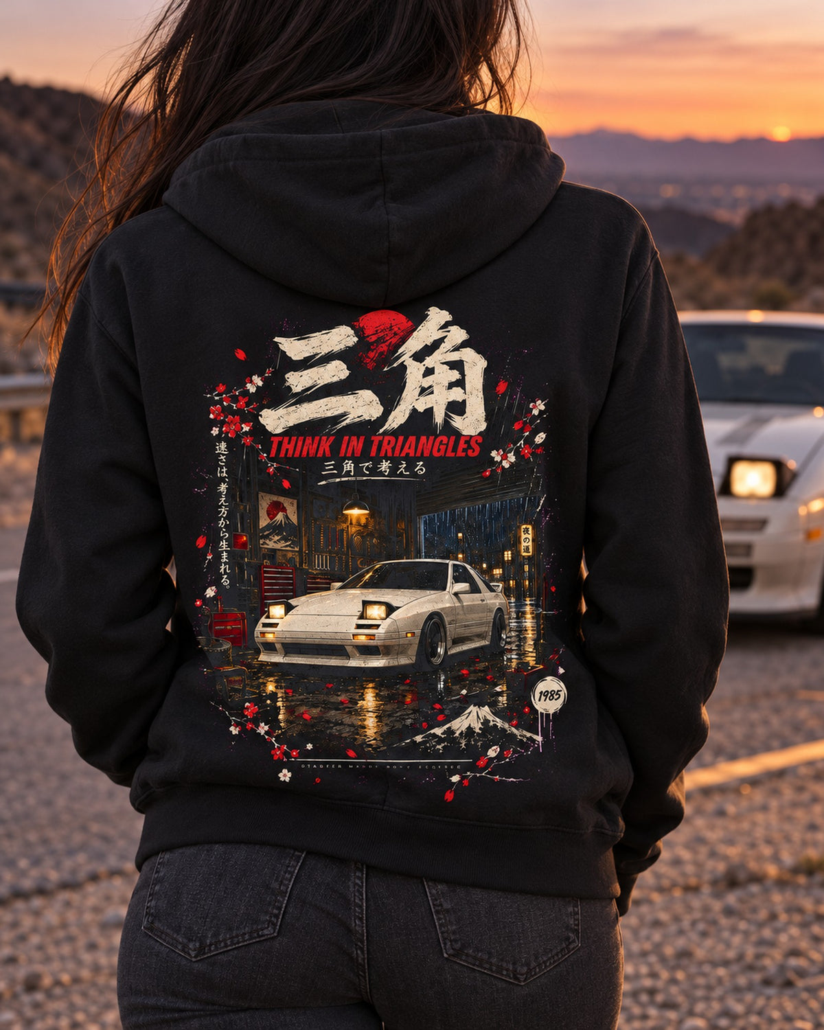 Mazda RX-7 FC Think In Triangles Shirt, Hoodie & More Zip Hoodie Black worn hero