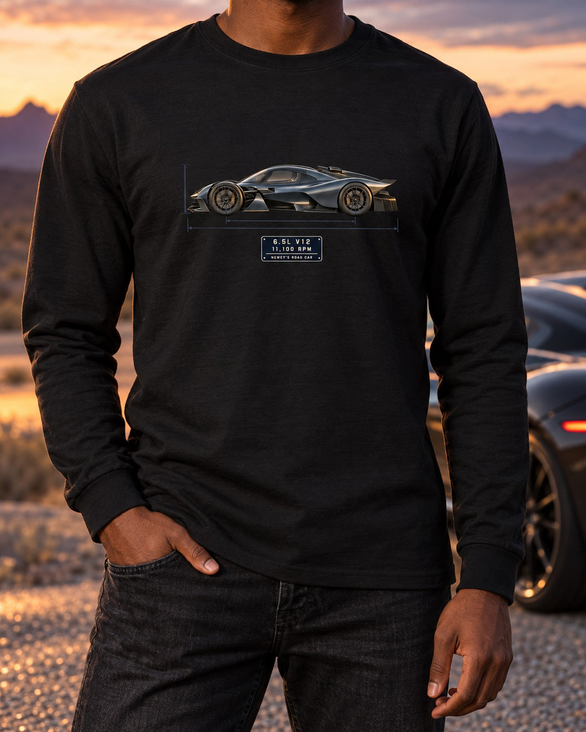 Aston Martin Valkyrie 2021 Blueprint Shirt, 6.5 V12 Car Guy Gift Long Sleeve Black worn hero