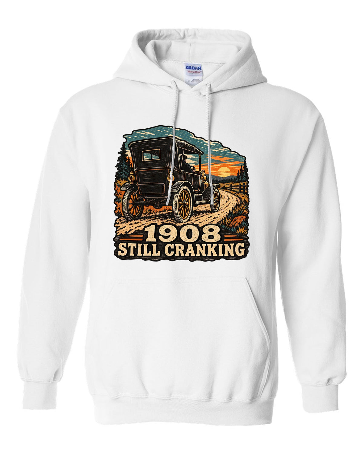 Multi-colour woodcut illustration of a Ford Model T Tin Lizzie with 1908 still cranking text white pull over hoodie front view with the design