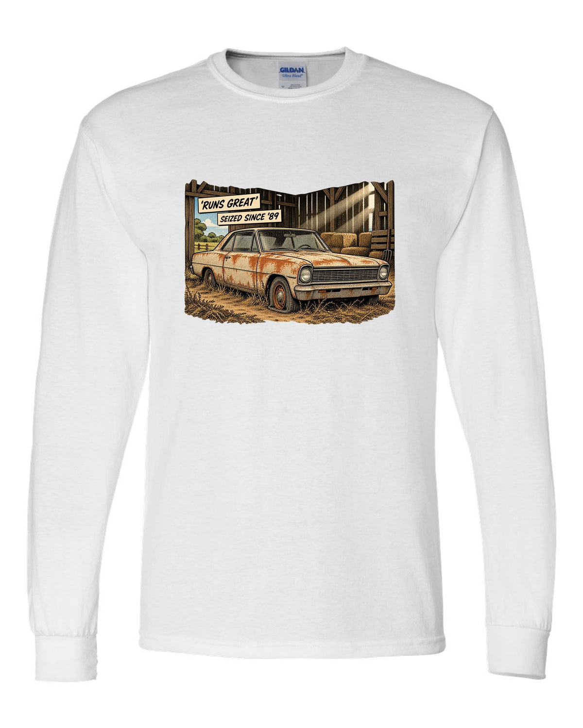 Synthwave print of a 1971 Chevelle SS 454 taillights with the text Runs Great, Seized Since '89 white long sleeve front view with the design