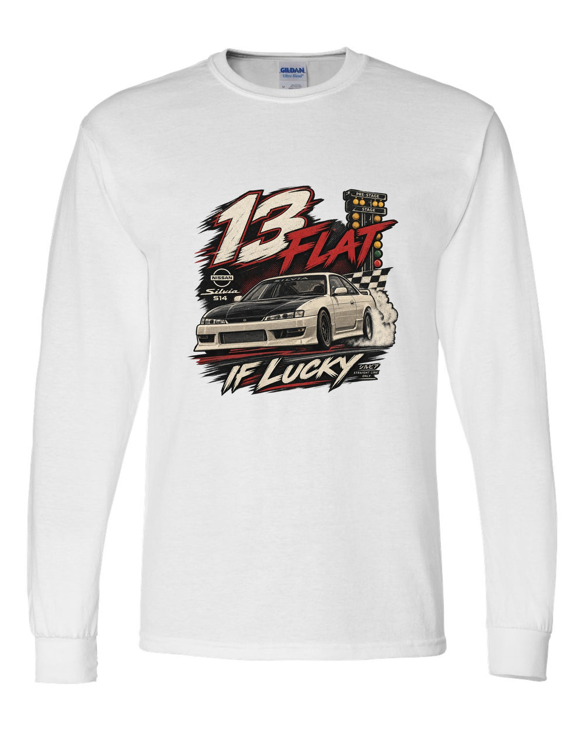 Vintage race poster print of a Nissan Silvia S14 with 13 flat if lucky text white long sleeve front view with the design