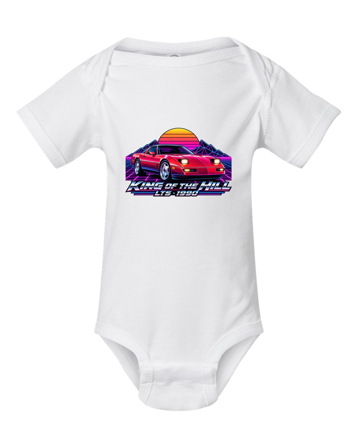 Synthwave neon horizon print of a 1990 Chevrolet Corvette C4 ZR-1 with King of the Hill LT5 lettering white baby onesie front view with the design
