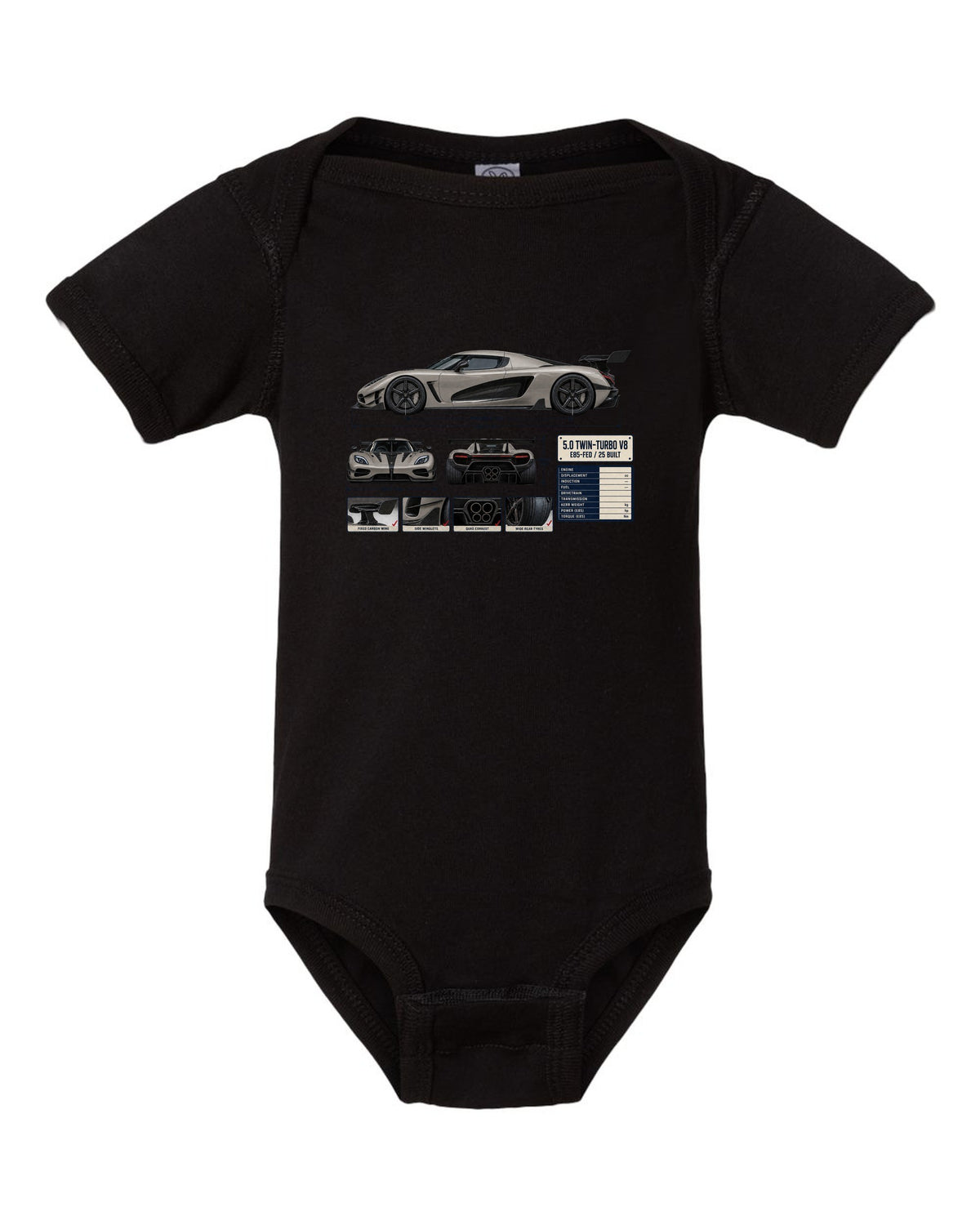 Three-view and spec table print of the Koenigsegg Agera RS with the text 5.0 twin-turbo V8, E85-fed, 25 built black baby onesie front view with the design