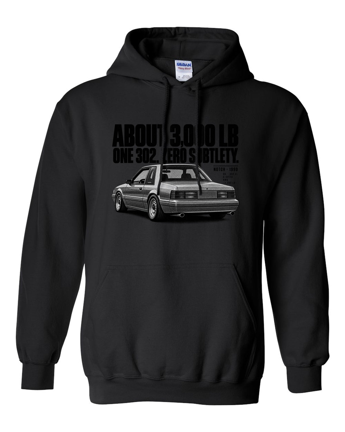Halftone print of a 1990 Ford Mustang Fox Body LX notchback with spec lines black pull over hoodie front view with the design