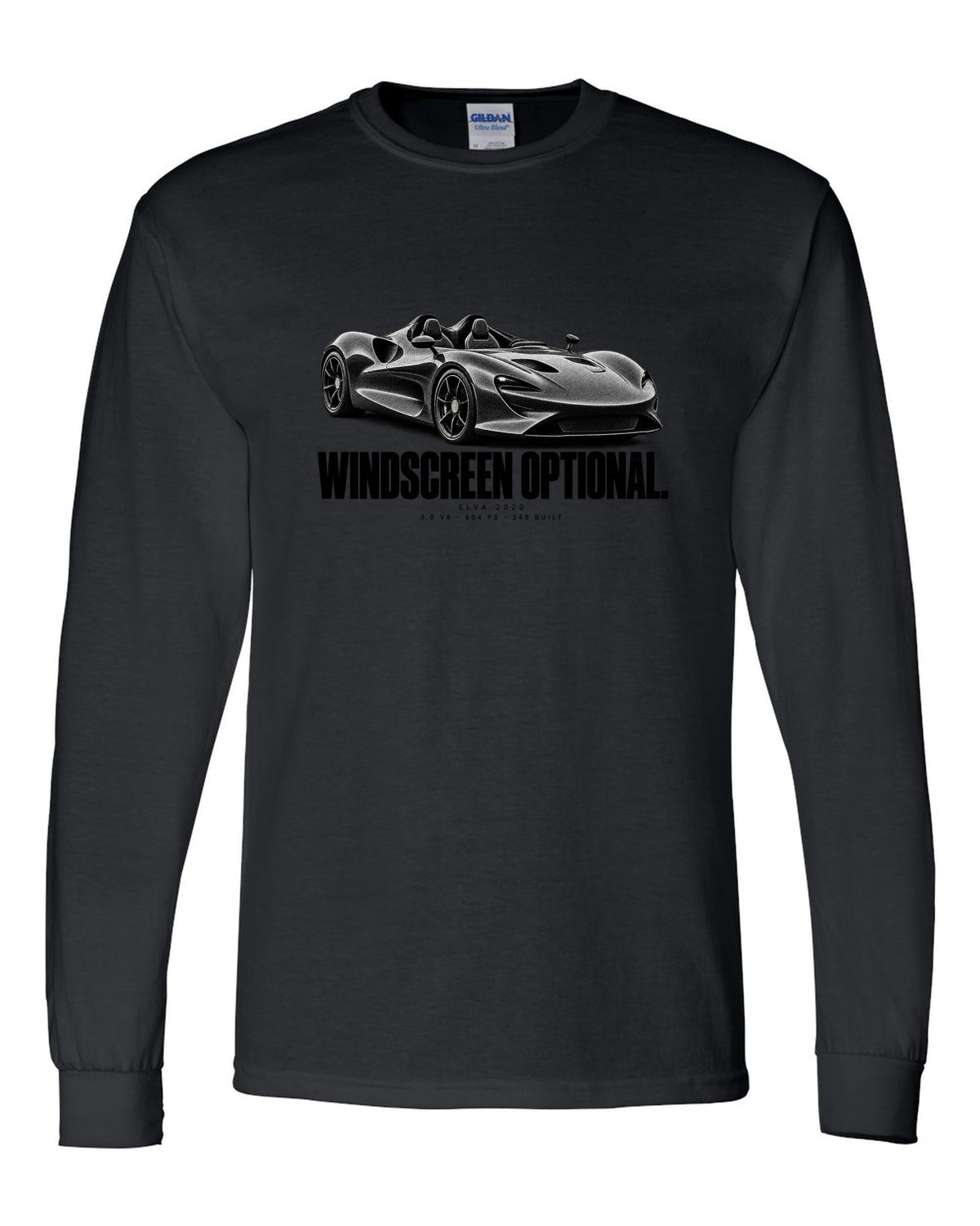 Halftone print of a 2020 McLaren Elva with windscreen optional text and 804 PS black long sleeve front view with the design