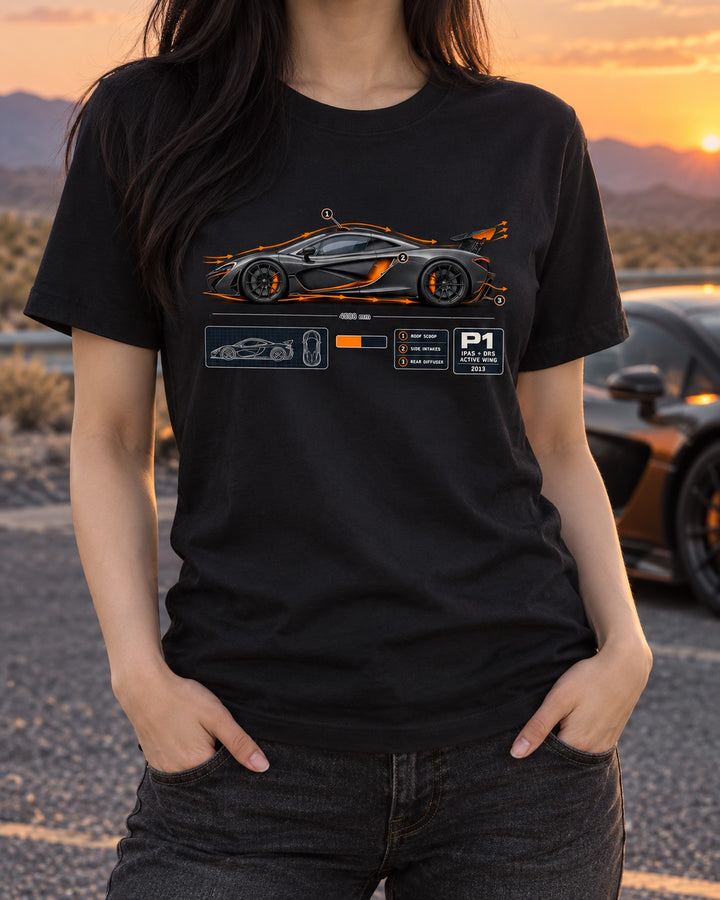 McLaren P1 IPAS and DRS Aero Callout Shirt, Car Gift T-Shirt Black worn hero