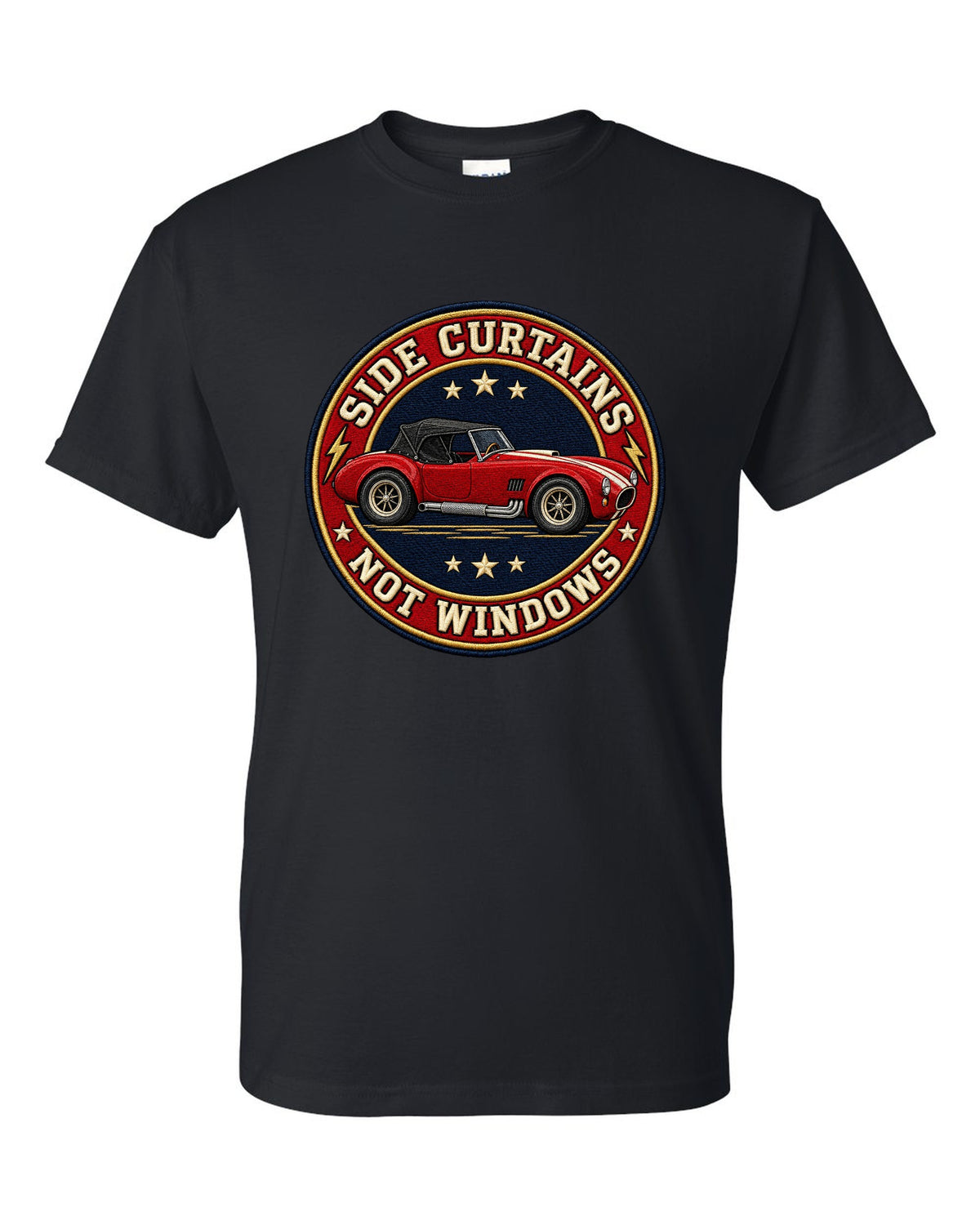 Embroidery-style varsity crest design with a 1992 Dodge Viper RT/10 SR I black t-shirt front view with the design
