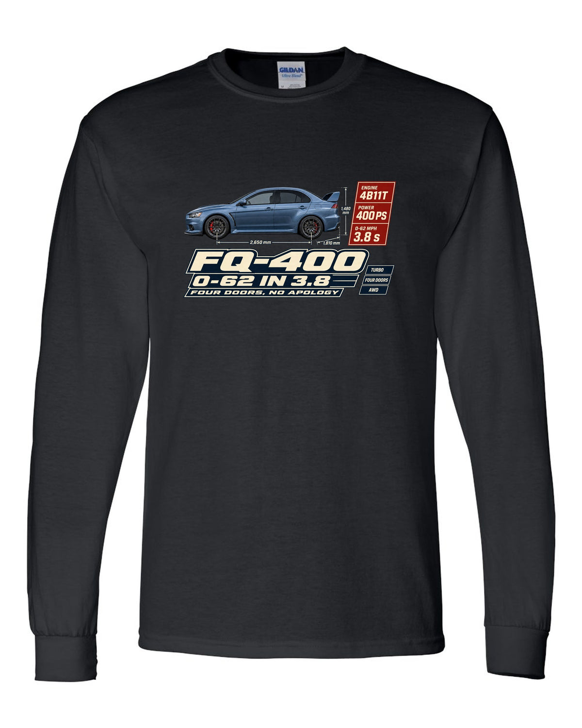Evo X FQ-400 Spec Poster Tee, 0-62 in 3.8, Four Doors black long sleeve front view with the design