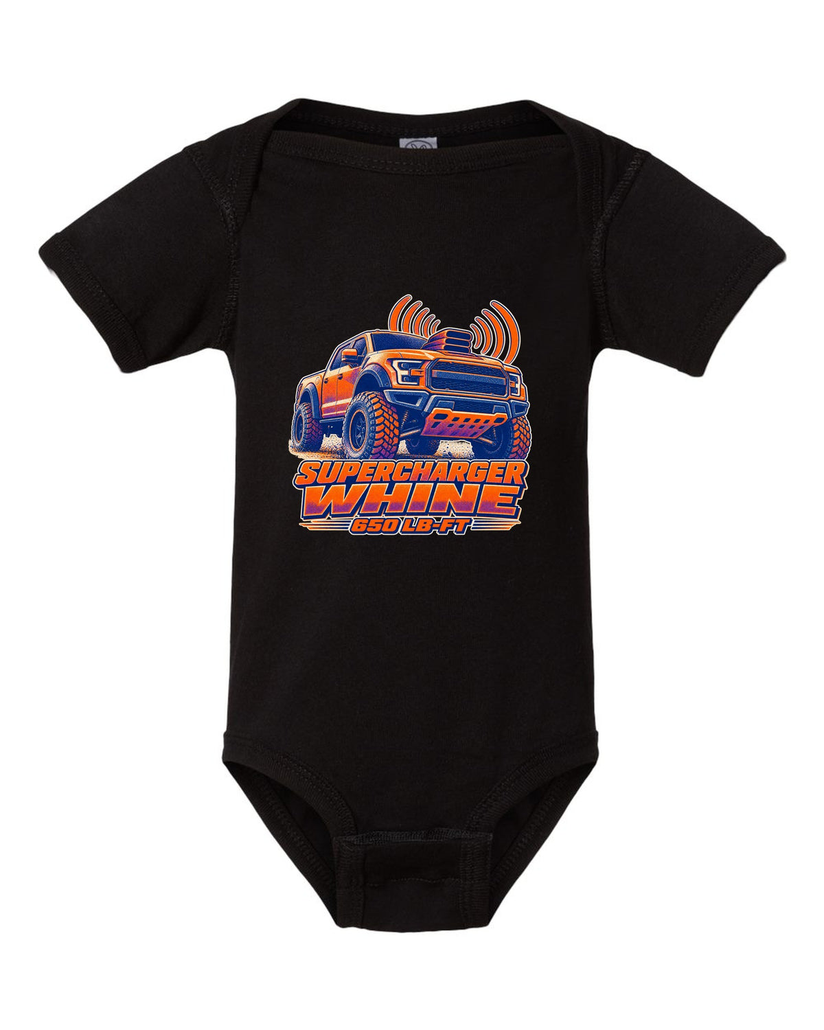 Halftone risograph print of a Ram 1500 TRX hood scoop with supercharger whine text black baby onesie front view with the design