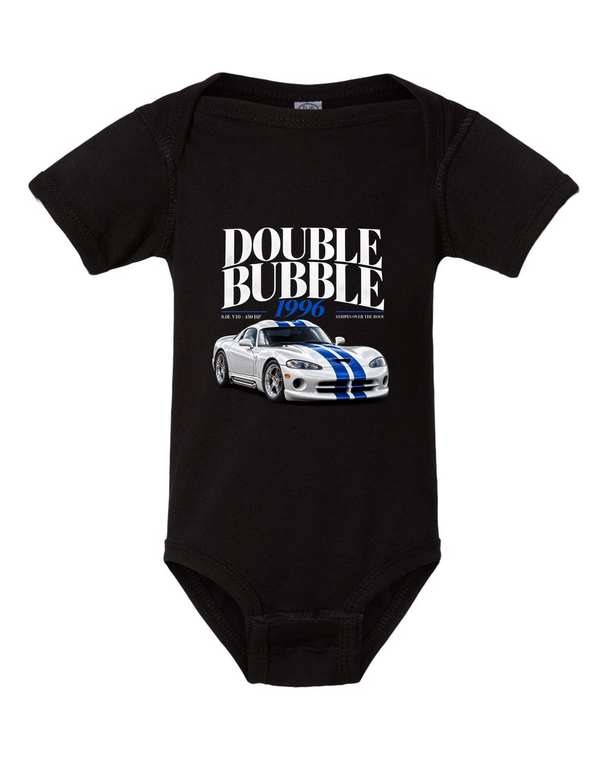 Editorial headline print of a 1996 Dodge Viper GTS SR II with double bubble and 8.0L V10 text black baby onesie front view with the design
