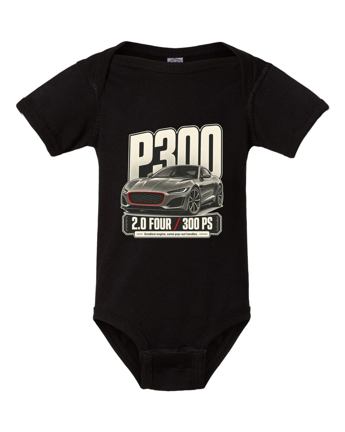 Halftone statement print for the Jaguar F-Type P300 2.0 four-cylinder with 300 PS text black baby onesie front view with the design