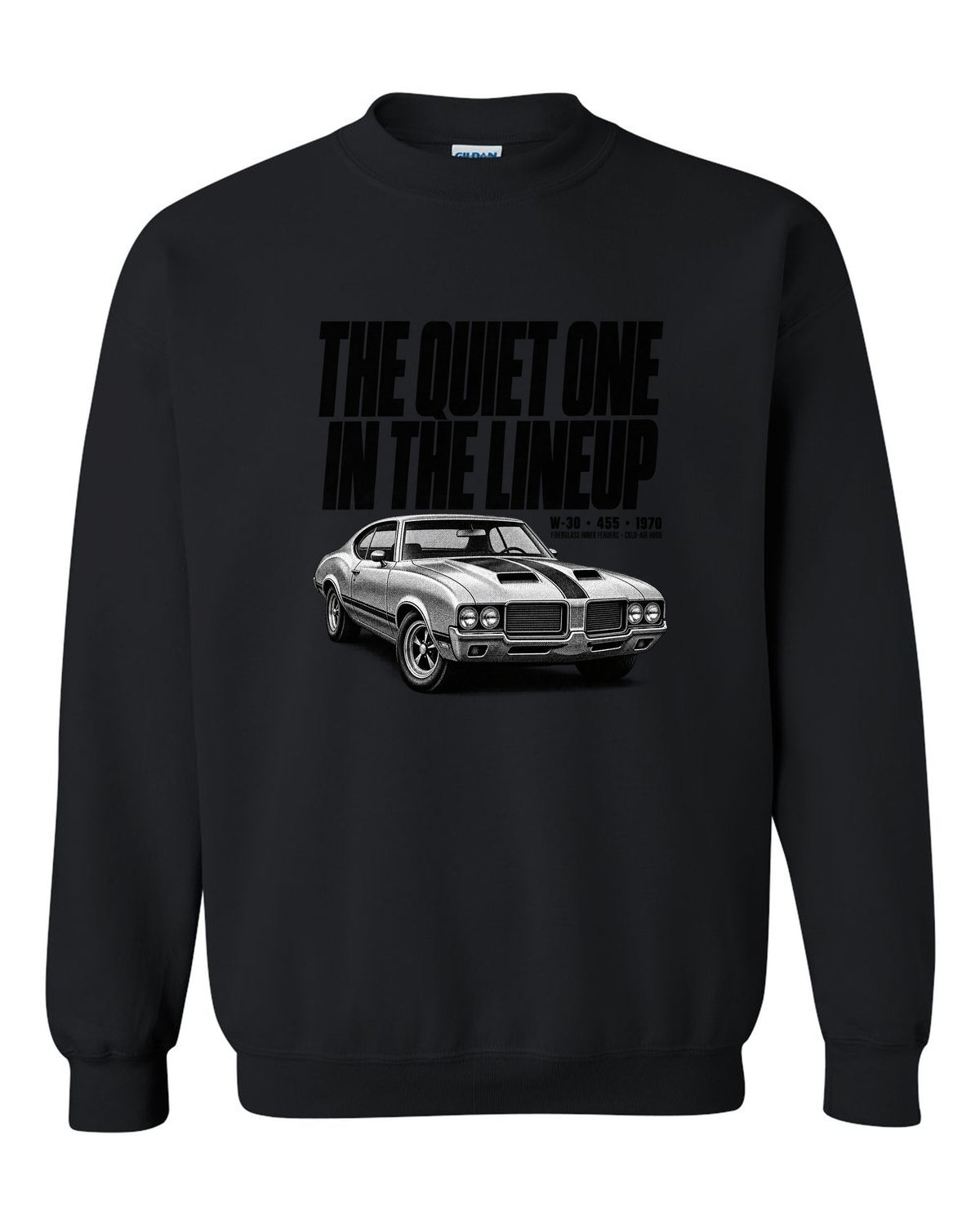 1970 Oldsmobile 442 W-30 halftone print with 455 and cold-air hood text black crewneck front view with the design