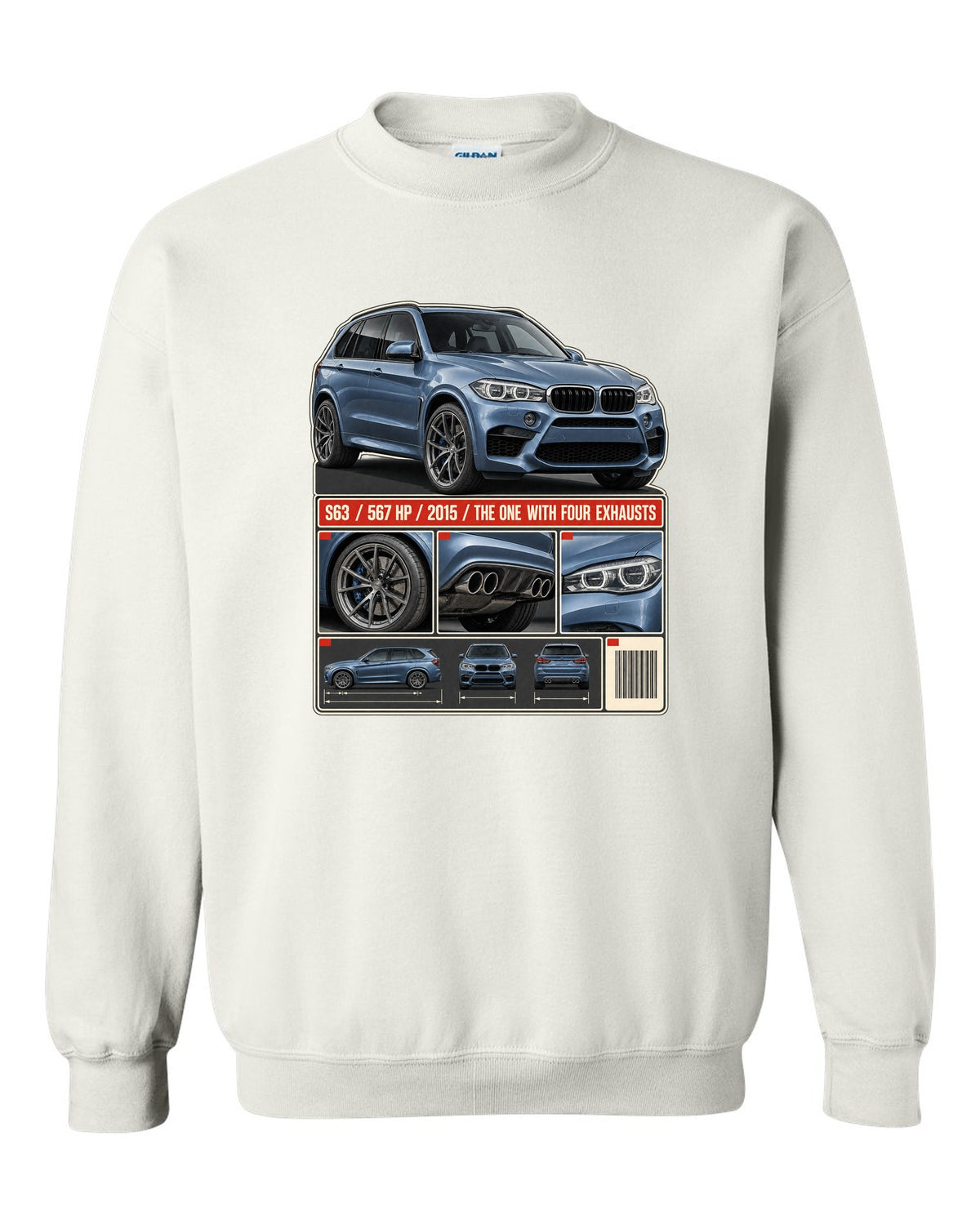 BMW X5 M F85 dossier panels print on a tee white crewneck front view with the design