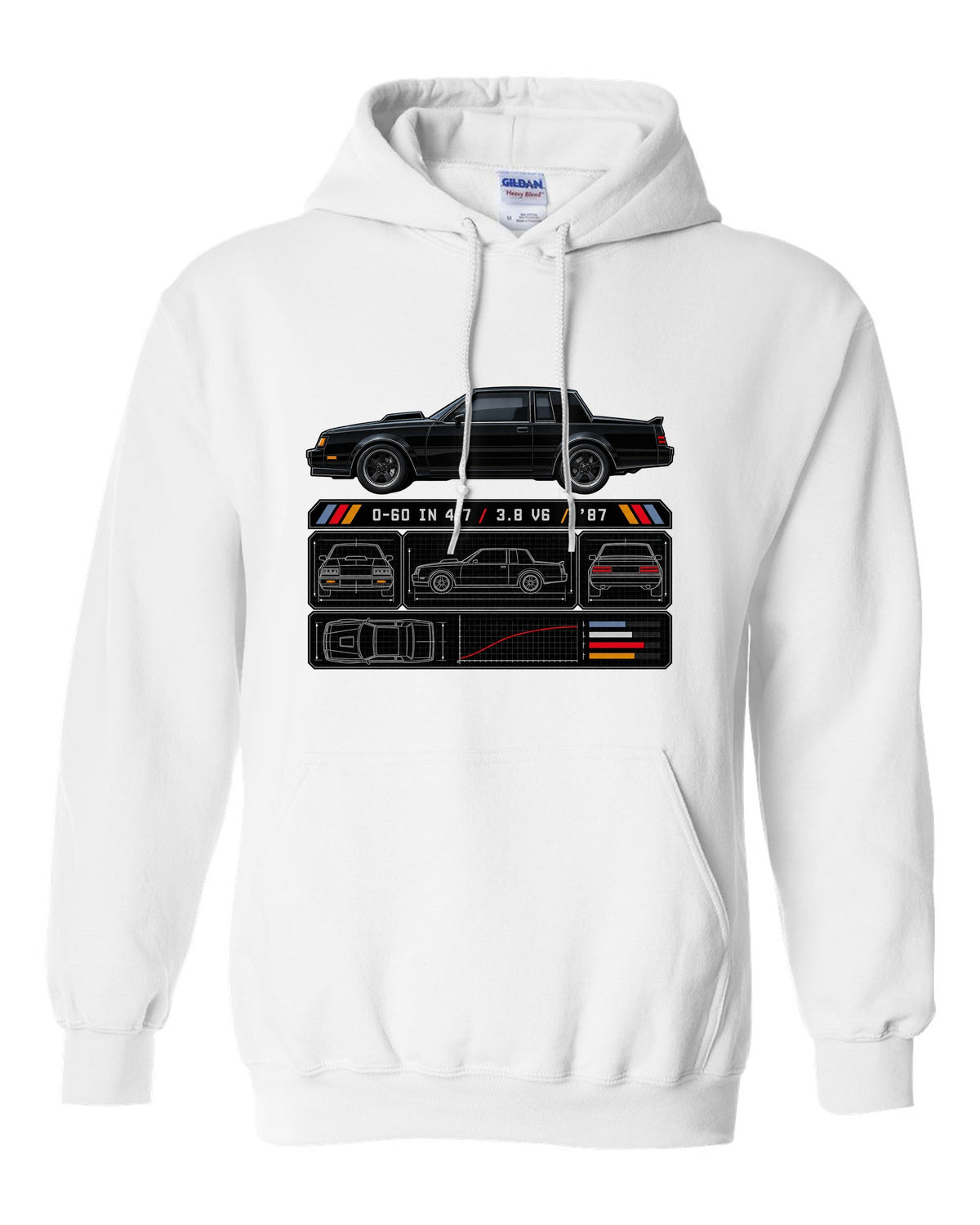 Spec-sheet print for a 1987 Buick Grand National with the text 0-60 in 4.7, 3.8 V6, '87 white pull over hoodie front view with the design