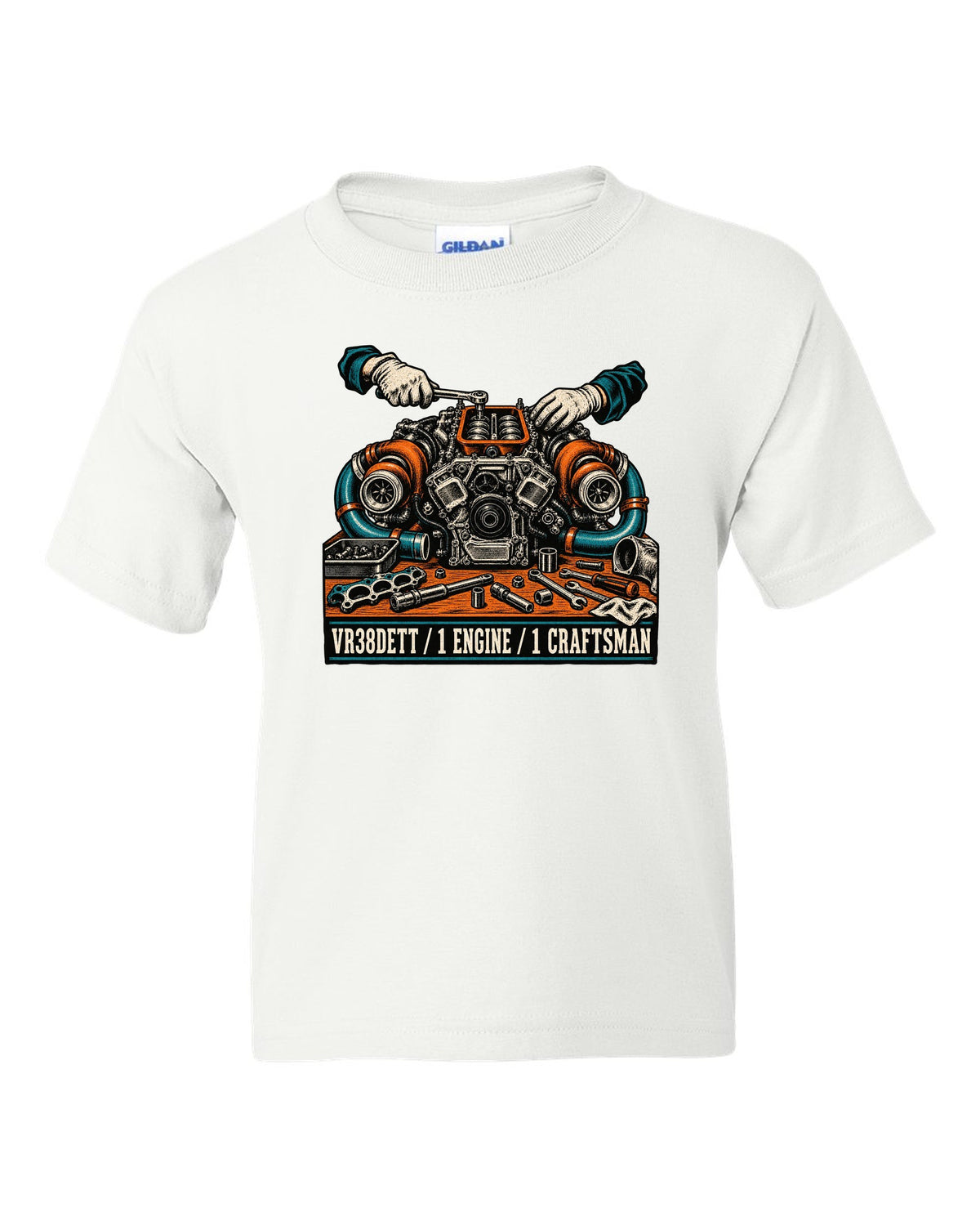 Linocut block-print back design of a Nissan GT-R R35 with VR38DETT engine text white kids tee front view with the design