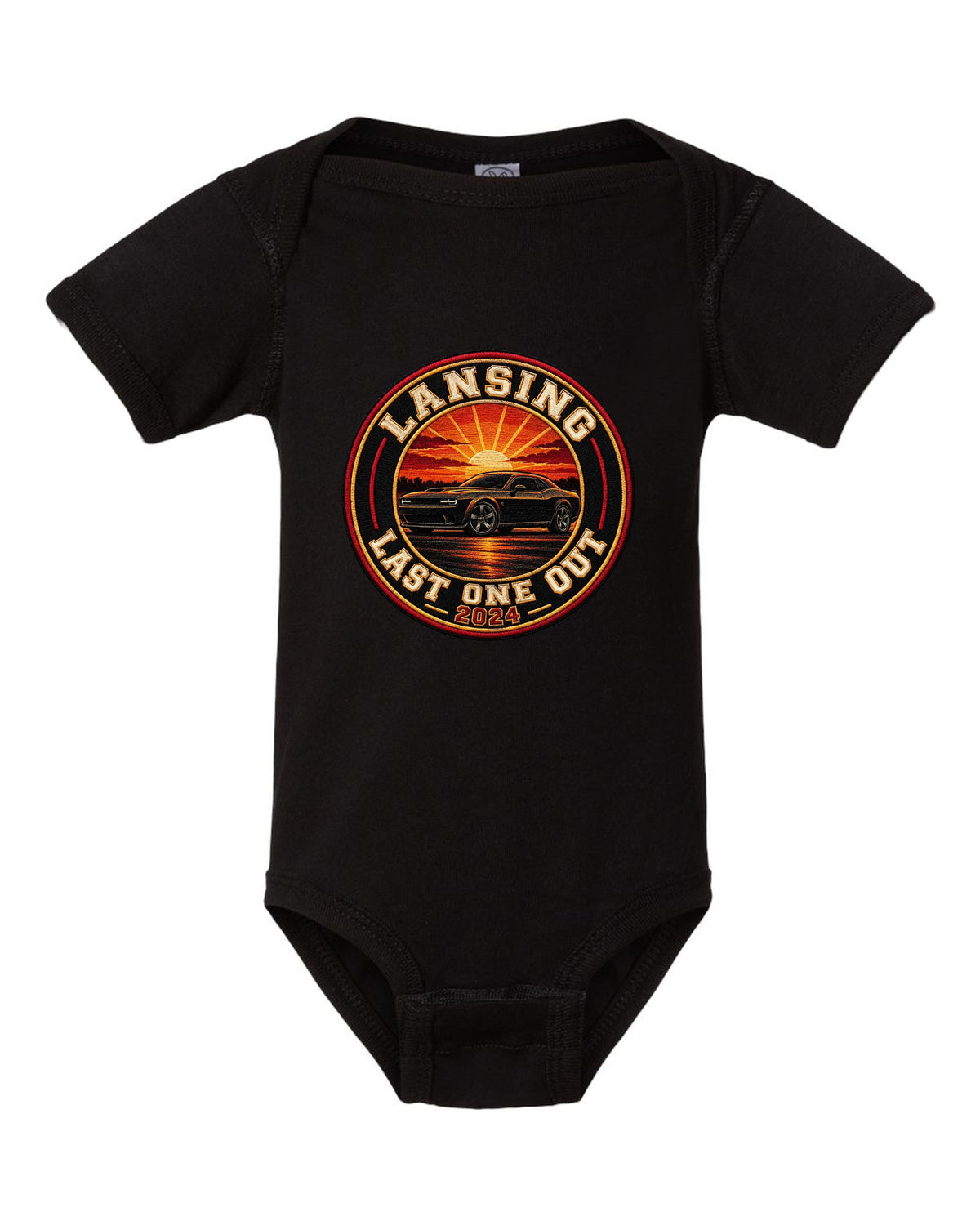 2023 Chevrolet Camaro varsity crest print reading Lansing Last One Out 2024 black baby onesie front view with the design