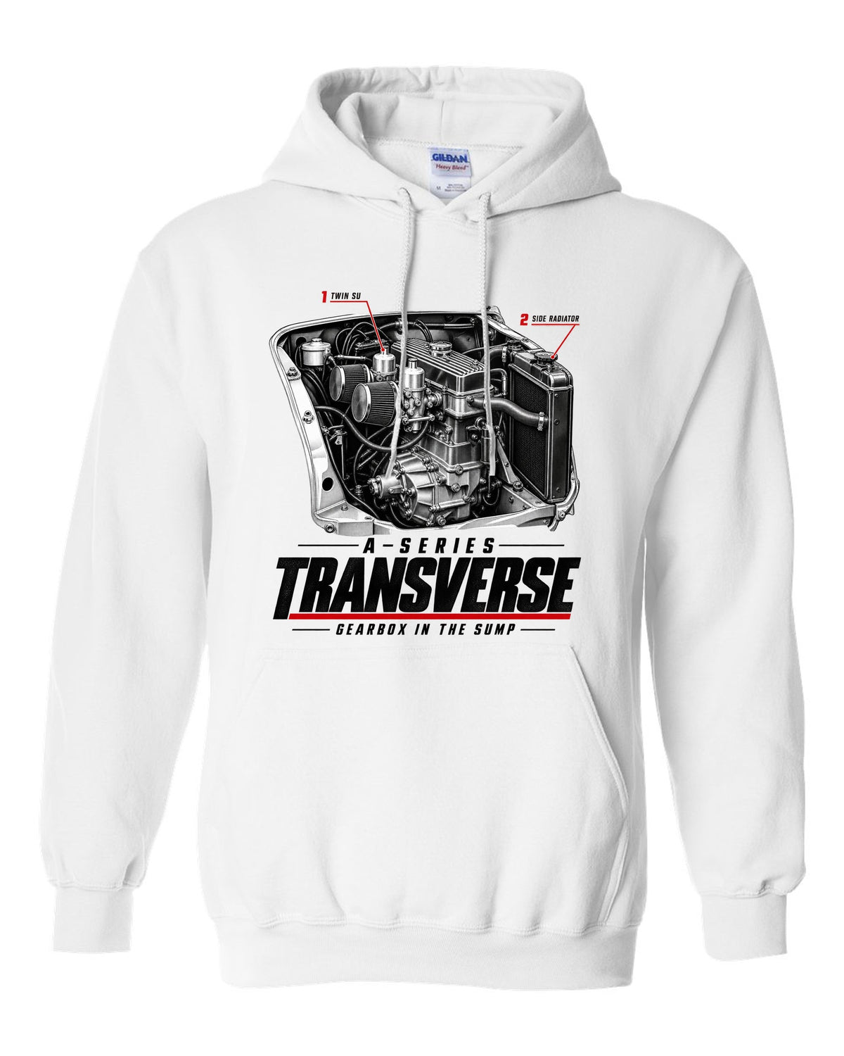 print of a Classic Mini Cooper S 1275 engine bay with the transverse A-series engine white pull over hoodie front view with the design